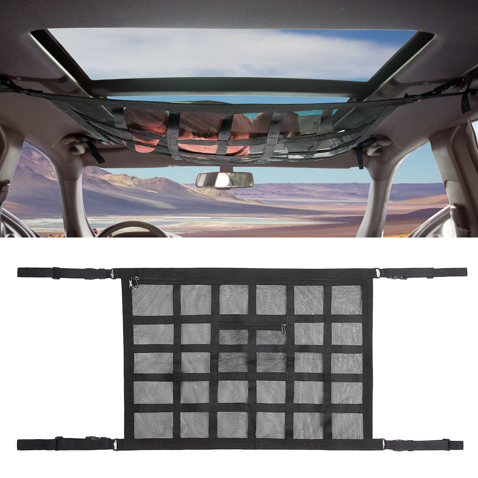 Car Ceiling Cargo Net, 31.5"x21.6" Strong Bearing Capacity Roof Cargo Net, Droopless Double-Layer Mesh Car Roof Storage Organizer