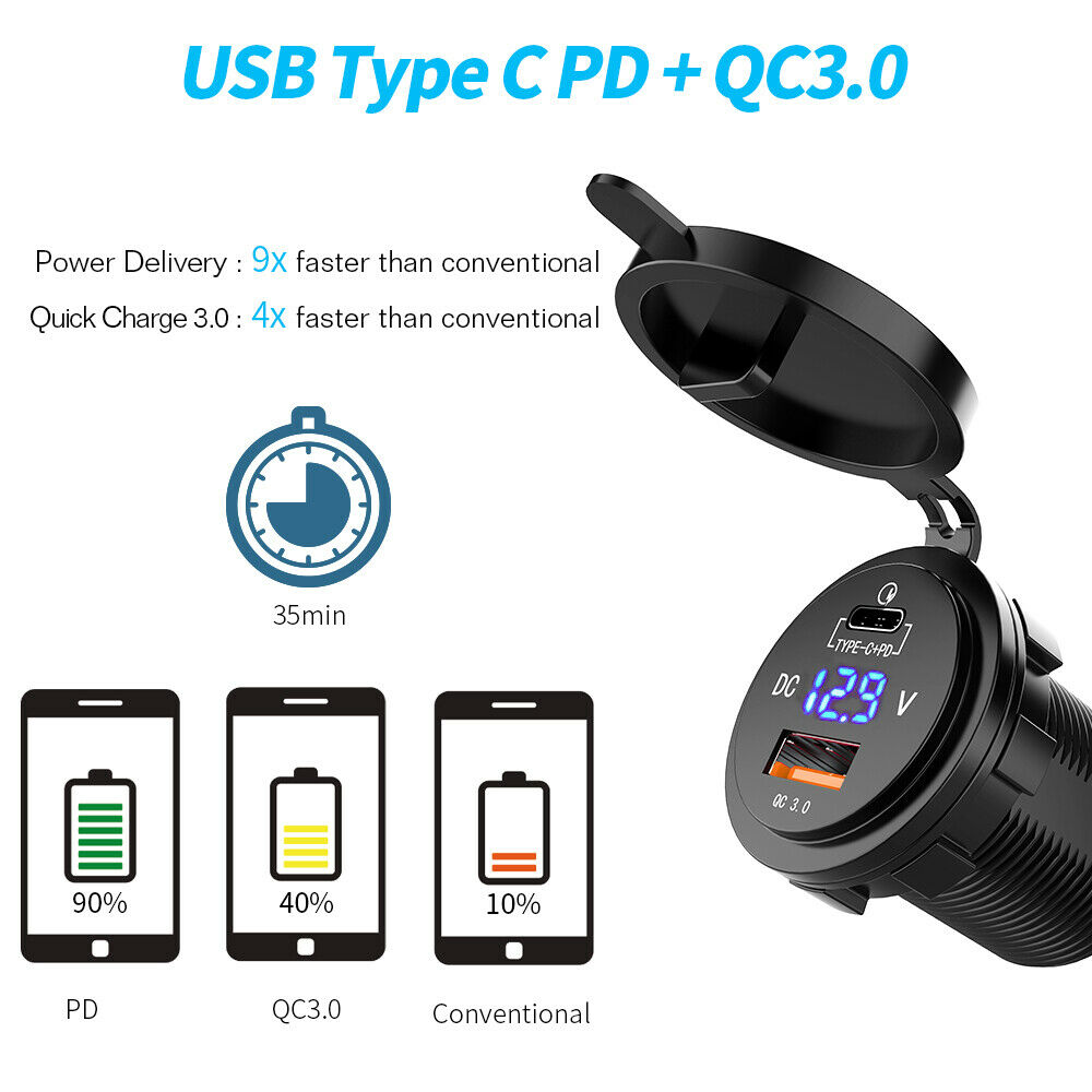 Fast PD Type C USB Car Charger LED Digital Voltmeter Power Adapter Plug