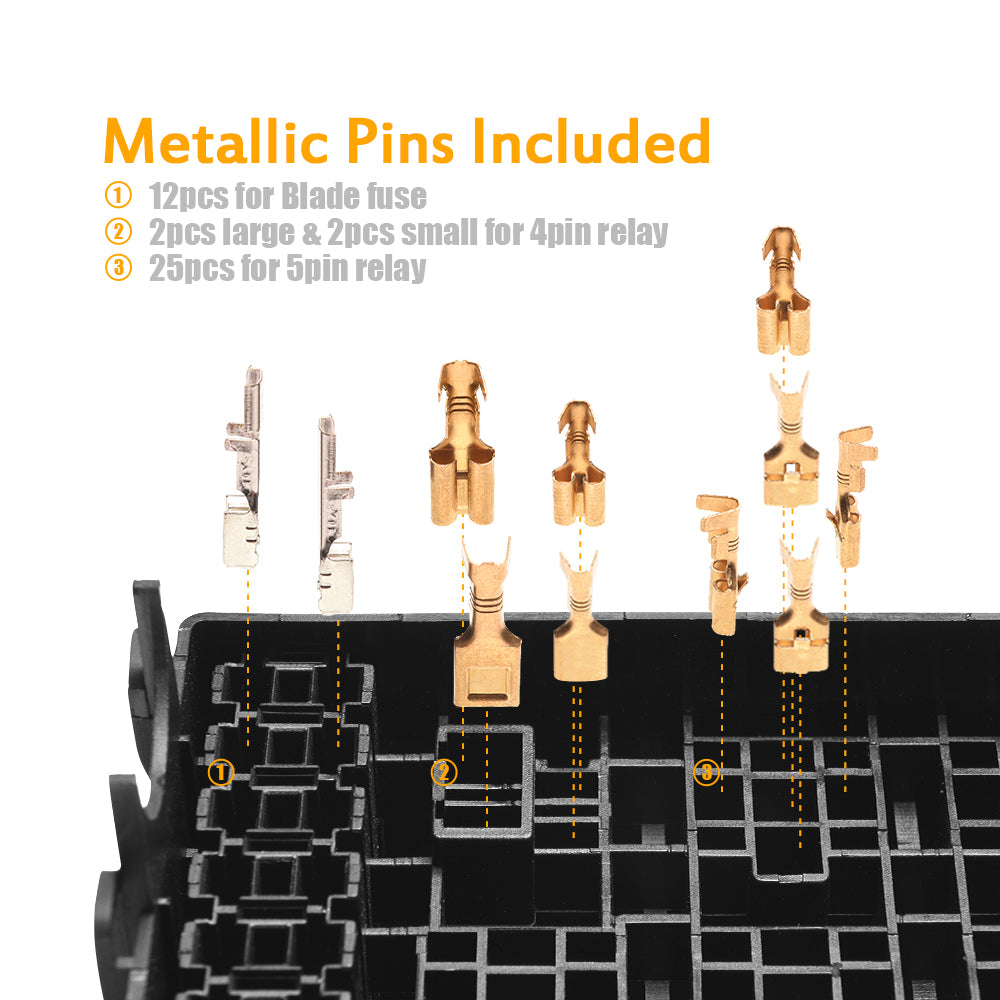 12-Slot Relay Box 6 Relays & 6 ATC/ATO Fuses Holder Block with 41pcs Metallic Pins for Automotive and Marine Engine Bay