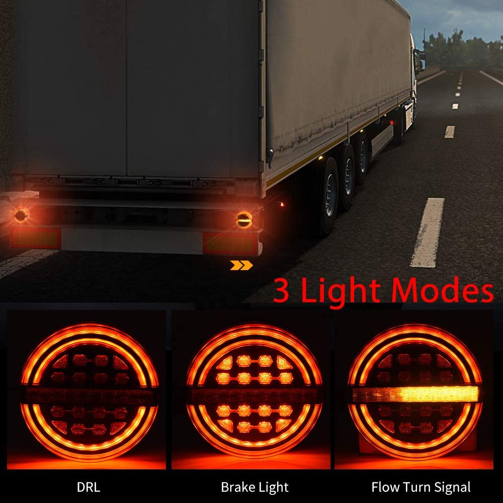 2Pcs Round Red/Amber Submersible LED Trailer Tail Lights Kit Brake Light/DRL/Flow Turn Signal Lamp for Under 80''