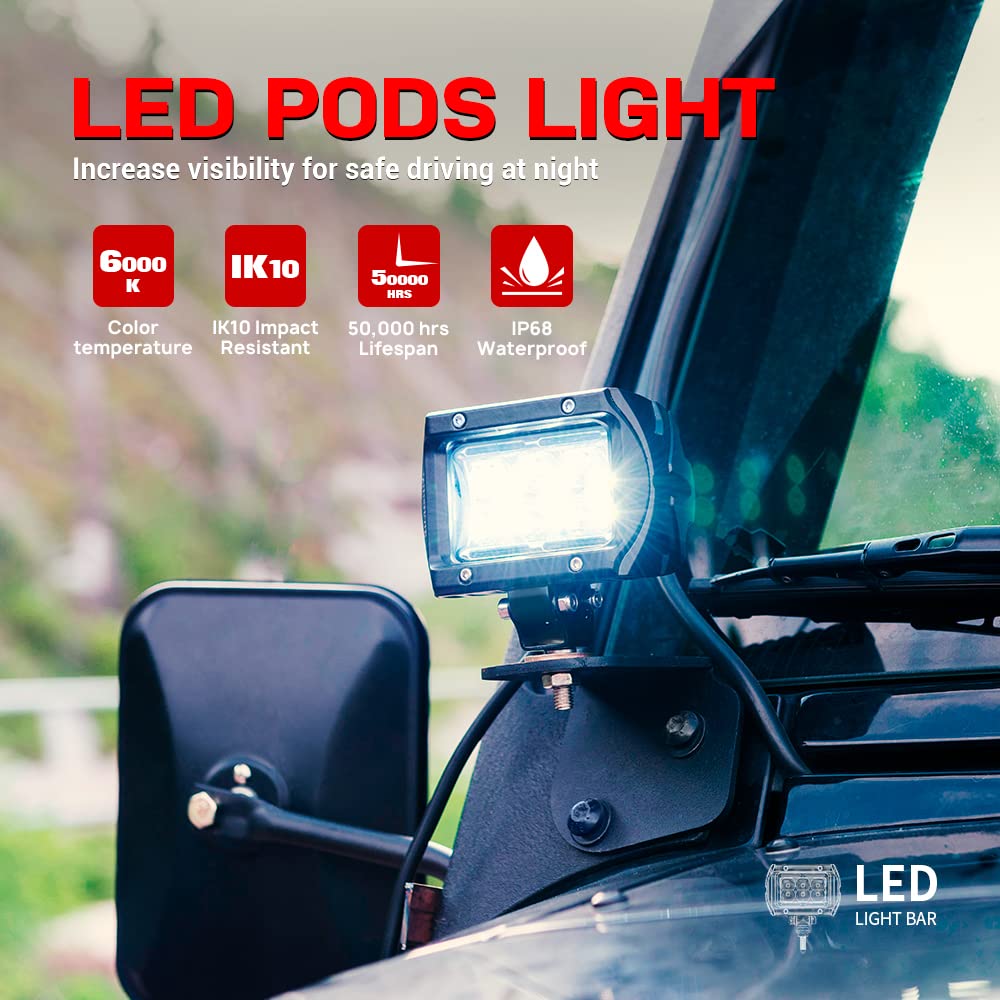 LED Light Pods K1 2Pcs 4 Inch 18W Off Road Spot Flood LED Light Bar 1620lm