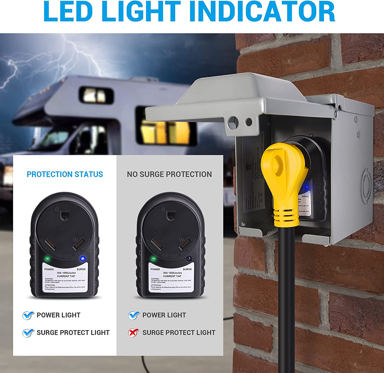 30 Amp RV Surge Protector - 125V, 1050 Joules, LED Indicator Light, ETL Listed, 30 Amp Male to 30 Amp Female for RV Trailer Camper