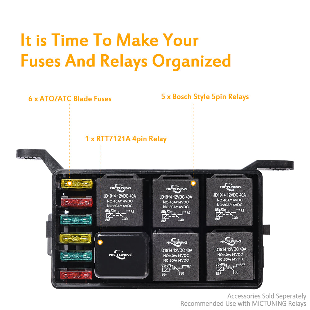 12-Slot Relay Box 6 Relays & 6 ATC/ATO Fuses Holder Block with 41pcs Metallic Pins for Automotive and Marine Engine Bay