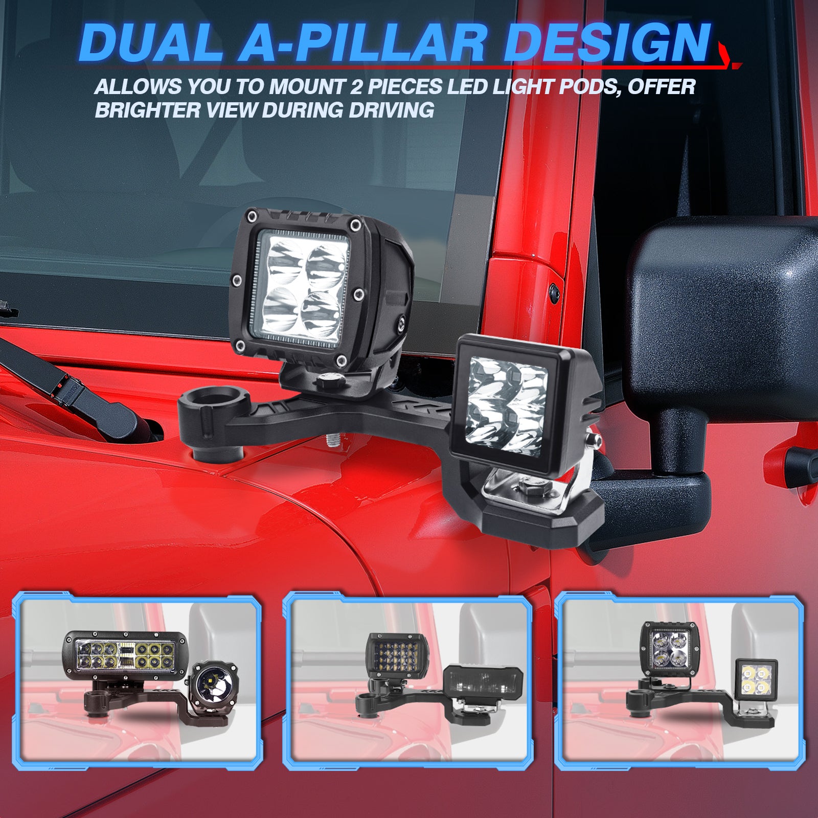 Dual A-Pillar Light Brackets, Lower Windshield Hinge Mounting Brackets for Offroad Light LED Pods Work Lights