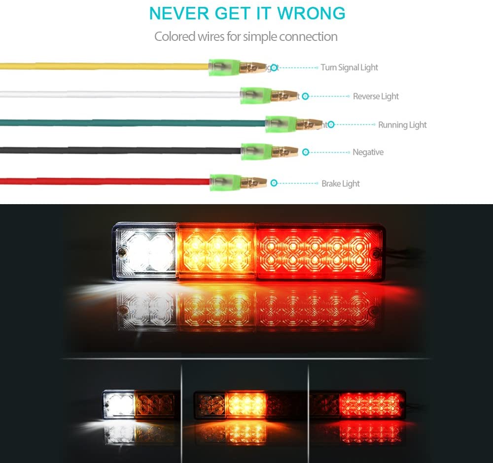 2 Pack 20x LEDs Red/Amber/White Trailer Tail Lights Bar Waterproof 12V Turn Signal & Park Reverse Brake Running Lamp for Car Truck