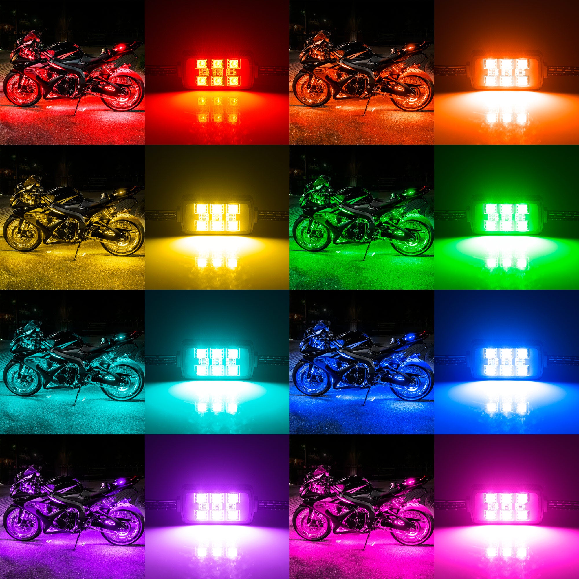 8pcs Motorcycle RGB LED Strip Lights Kit with Brake Light Function - Multi-Color Underglow LED Accent Glow Neon Lights Waterproof