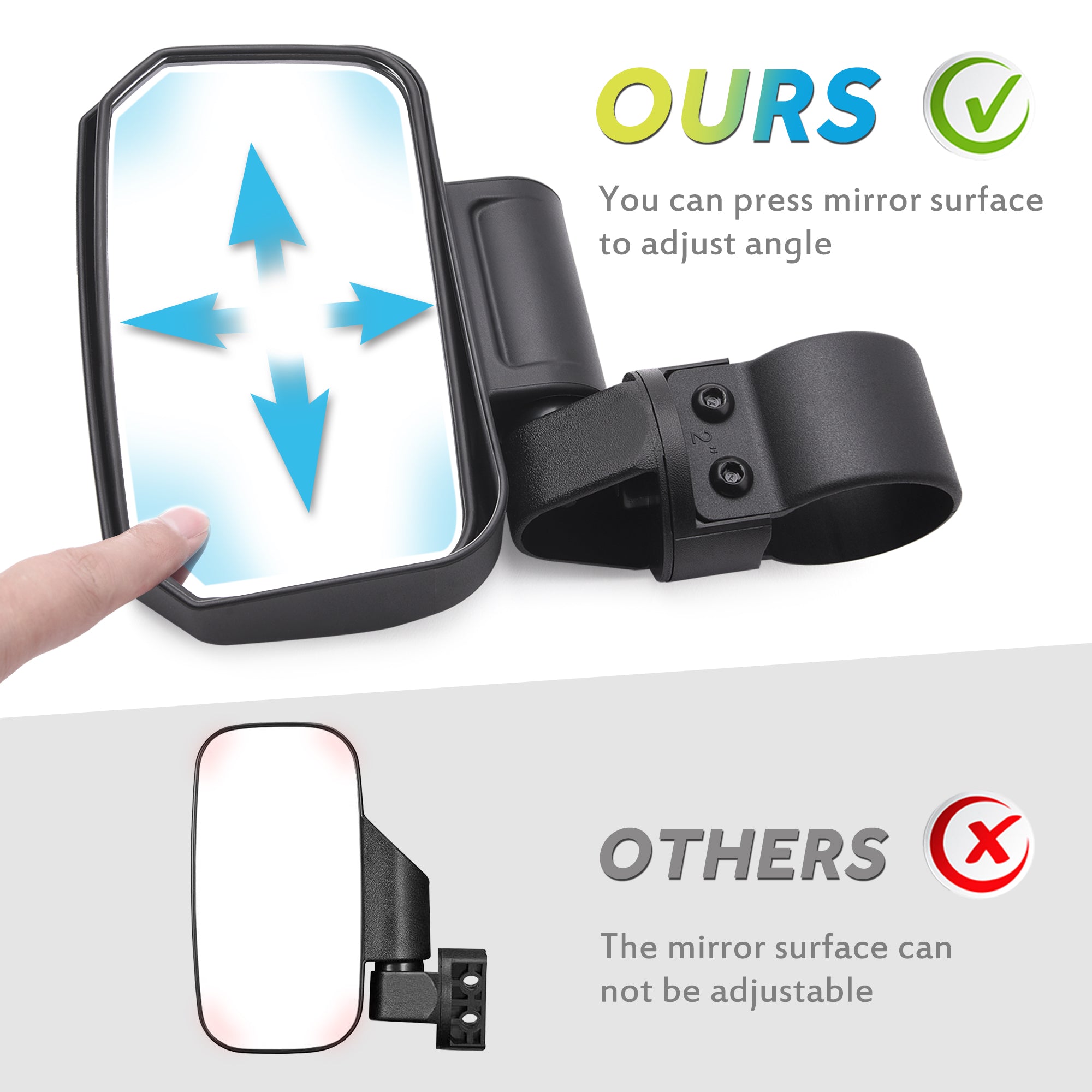 UTV Side Mirror 1.75 Inch or 2 Inch Mounts, Break-away Adjustable Rear View Convex Mirror Shock-proof Rubber Pad