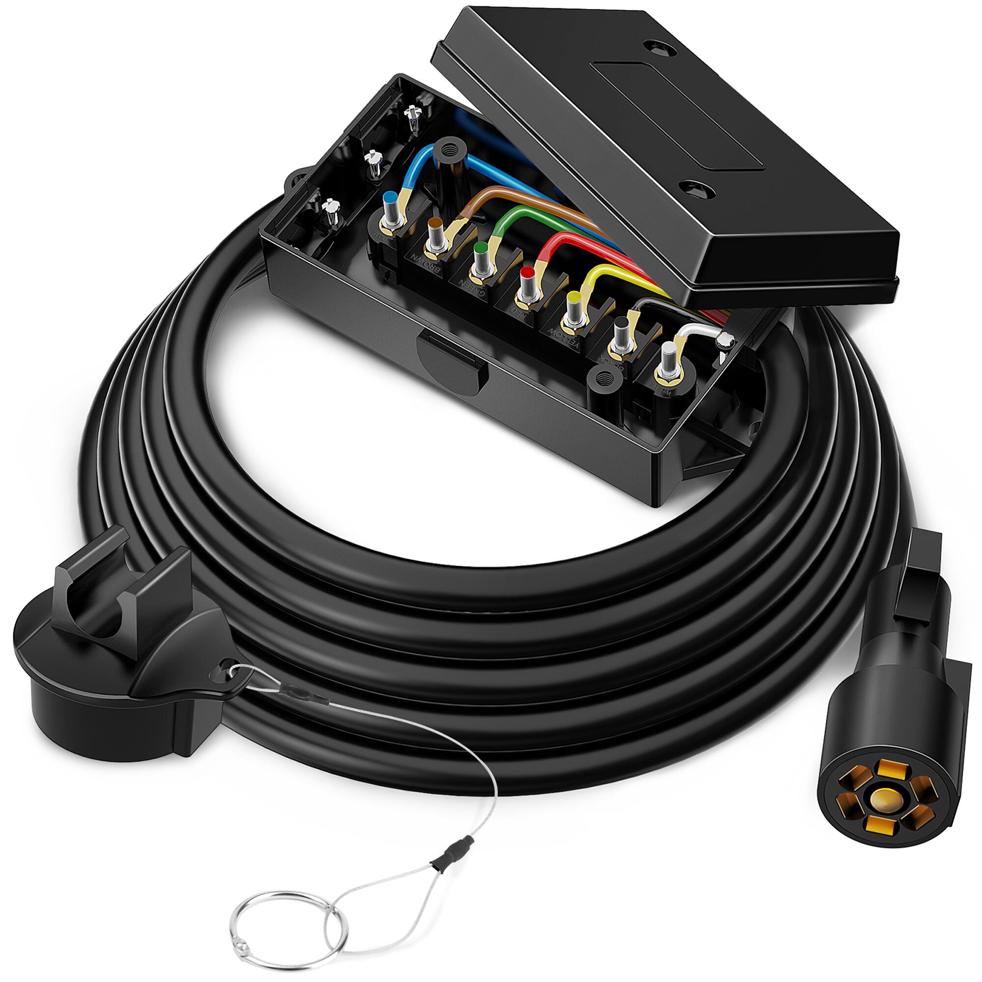 Heavy Duty 7 Way Plug Inline Trailer Cord with 7 Gang Junction Box - 8 Feet, Weatherproof