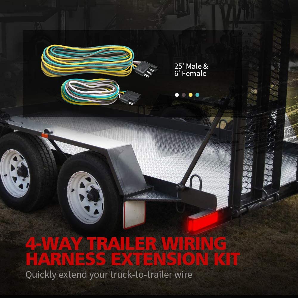 Trailer Wiring Harness Extension Kit - 4 Pin 25FT Male and 6FT Female Connector, 18 AWG Color Coded 4-Way Flat Wires