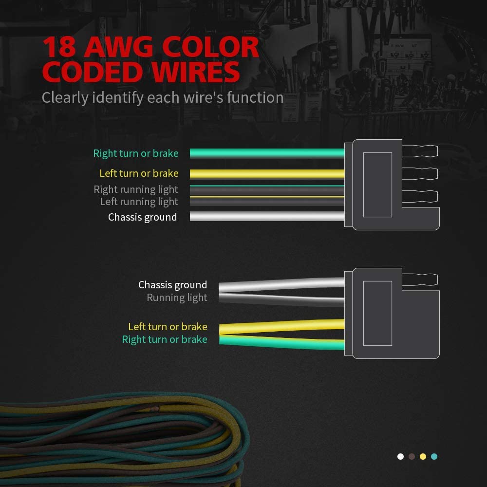 Trailer Wiring Harness Extension Kit - 4 Pin 25FT Male and 6FT Female Connector, 18 AWG Color Coded 4-Way Flat Wires