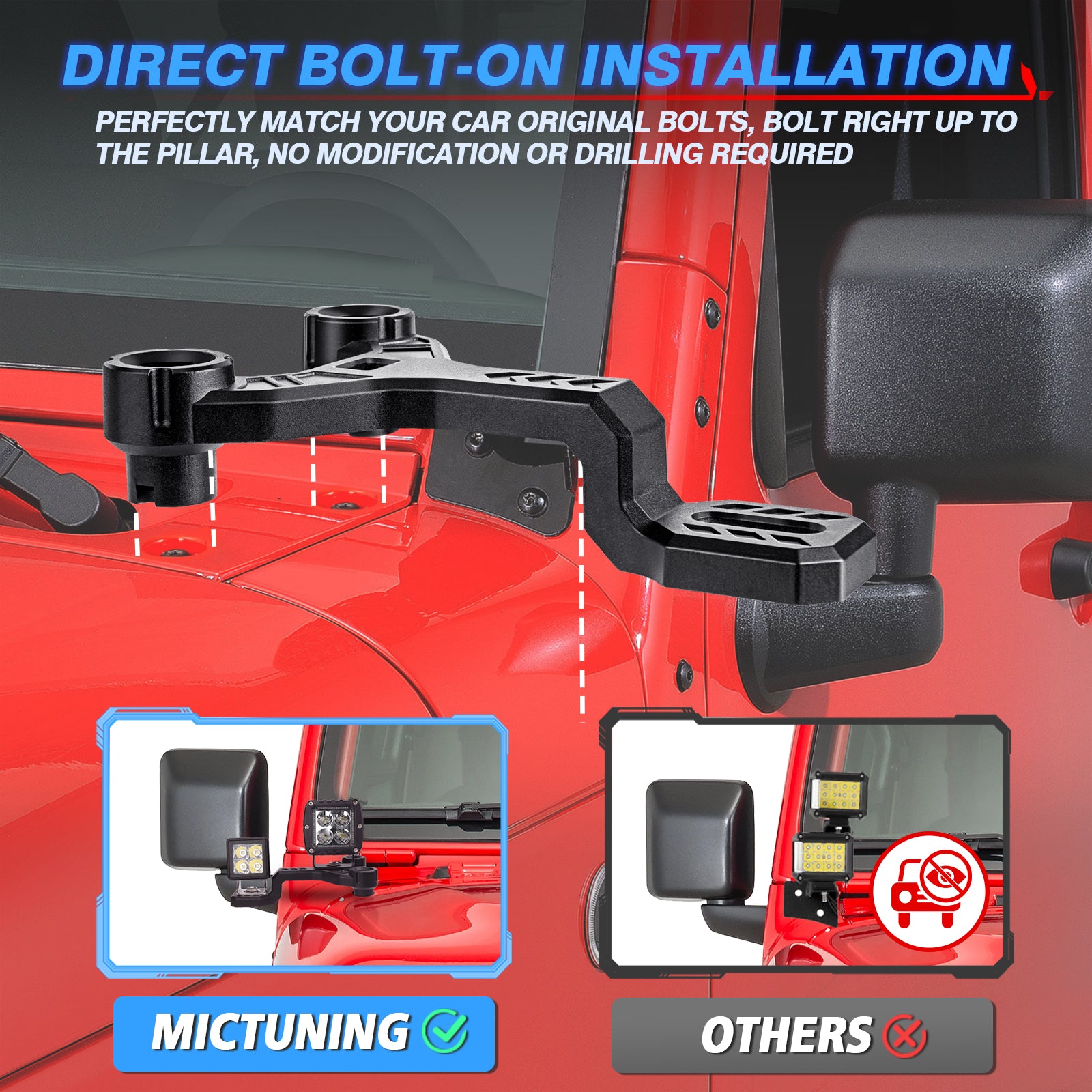 Dual A-Pillar Light Brackets, Lower Windshield Hinge Mounting Brackets for Offroad Light LED Pods Work Lights