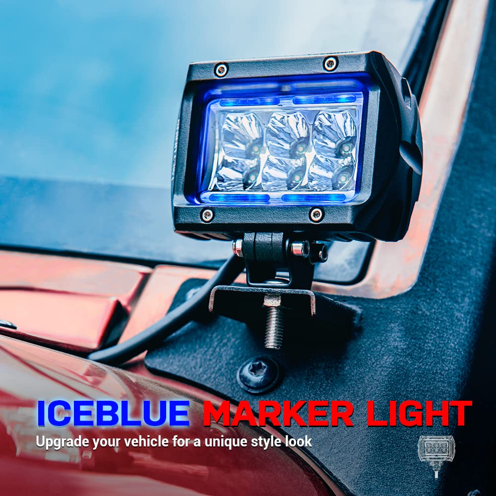 K1 LED Pods 18W Spot Flood Off Road LED Light Bar 1620lm with Iceblue Marker Light 2Pcs 4 Inch