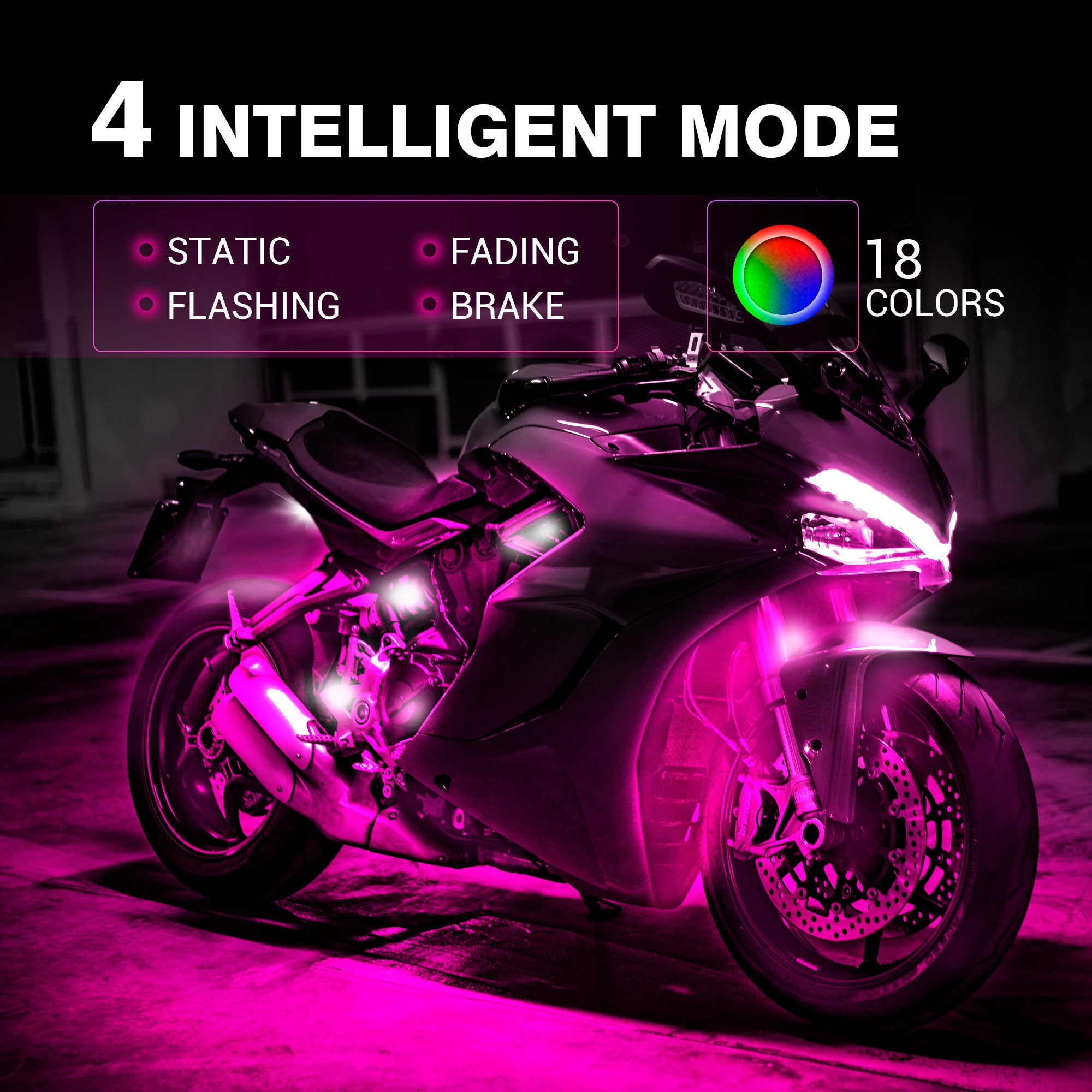 8pcs Motorcycle RGB LED Strip Lights Kit with Brake Light Function - Multi-Color Underglow LED Accent Glow Neon Lights Waterproof