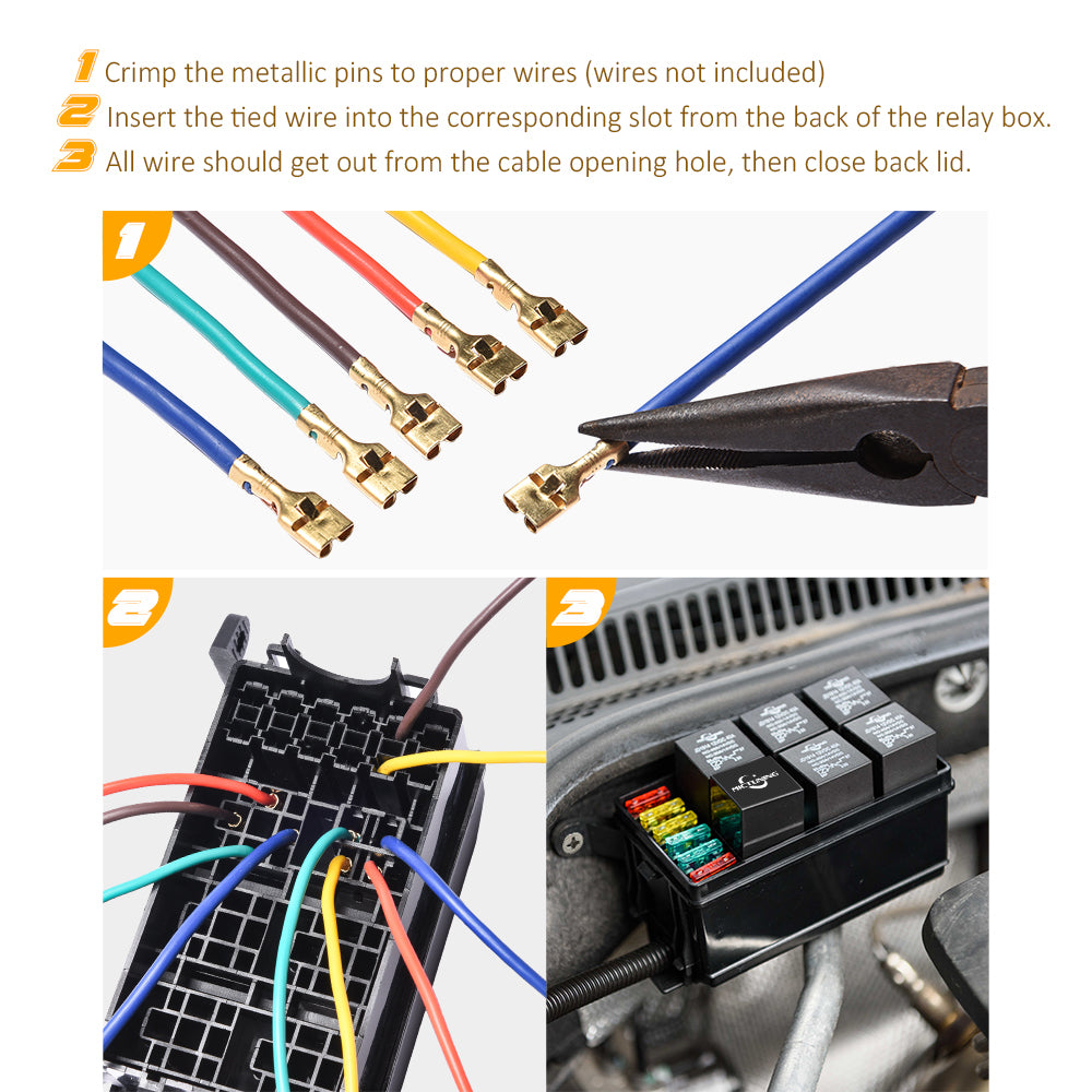 12-Slot Relay Box 6 Relays & 6 ATC/ATO Fuses Holder Block with 41pcs Metallic Pins for Automotive and Marine Engine Bay