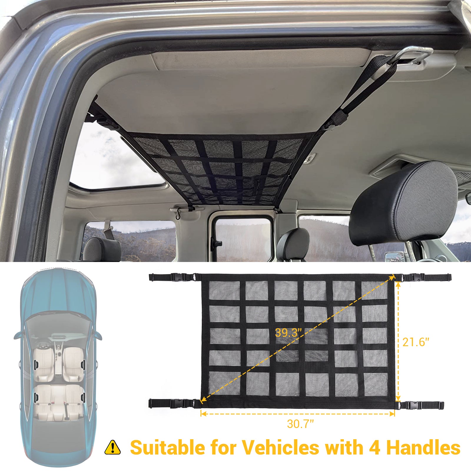 Car Ceiling Cargo Net, 31.5"x21.6" Strong Bearing Capacity Roof Cargo Net, Droopless Double-Layer Mesh Car Roof Storage Organizer