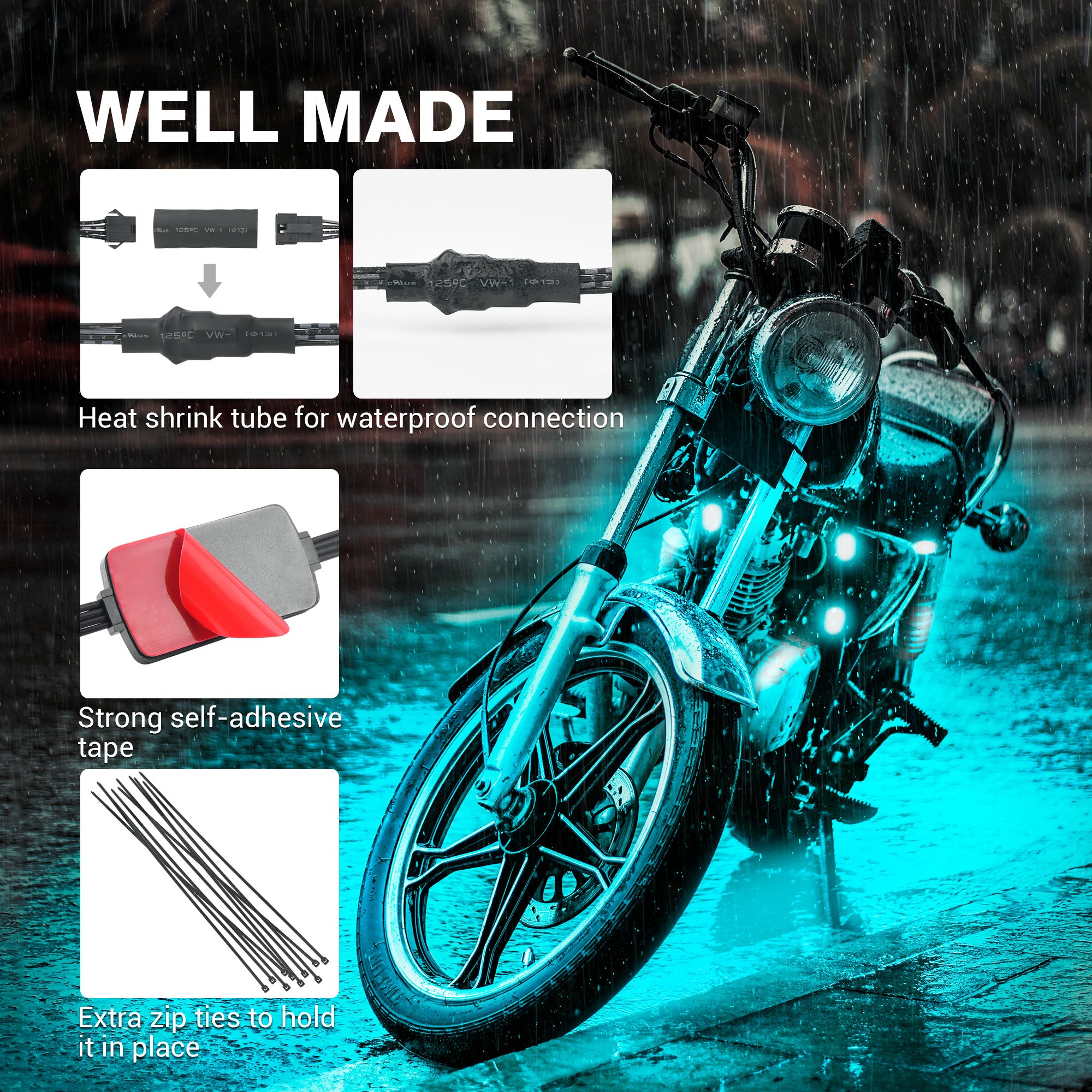 8pcs Motorcycle RGB LED Strip Lights Kit with Brake Light Function - Multi-Color Underglow LED Accent Glow Neon Lights Waterproof