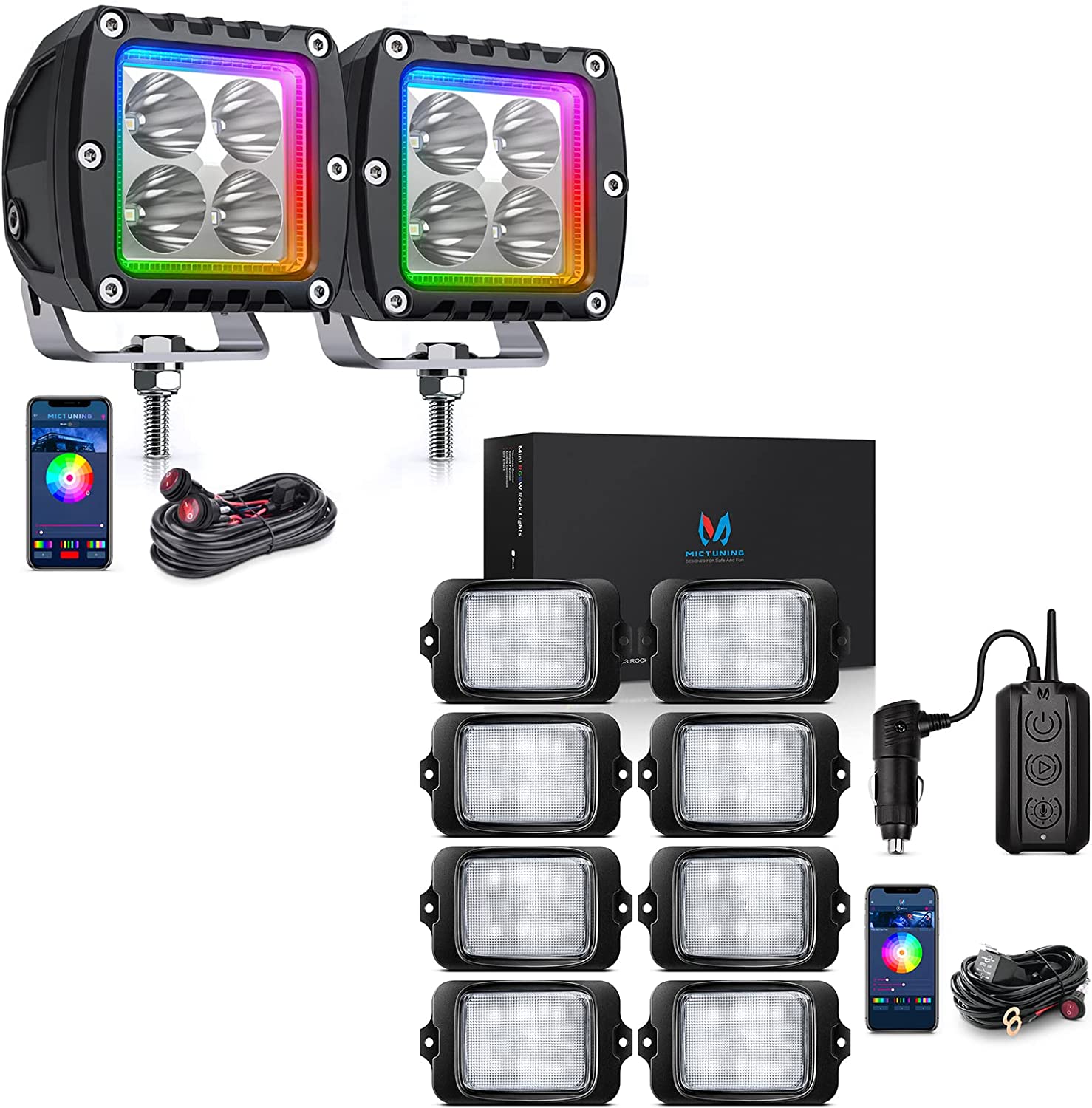 C3 8 Pods RGBW LED Rock Lights Wireless Control with 3 Inch 18W S1 RGBW LED Pods Light