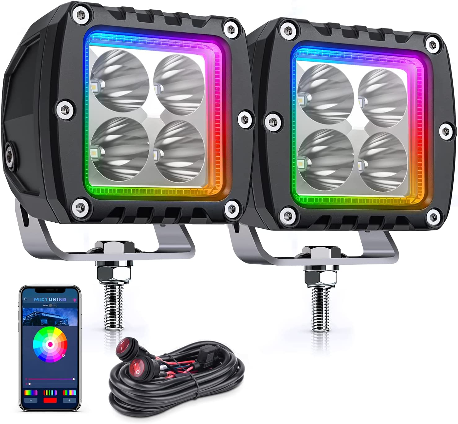 C3 8 Pods RGBW LED Rock Lights Wireless Control with 3 Inch 18W S1 RGBW LED Pods Light