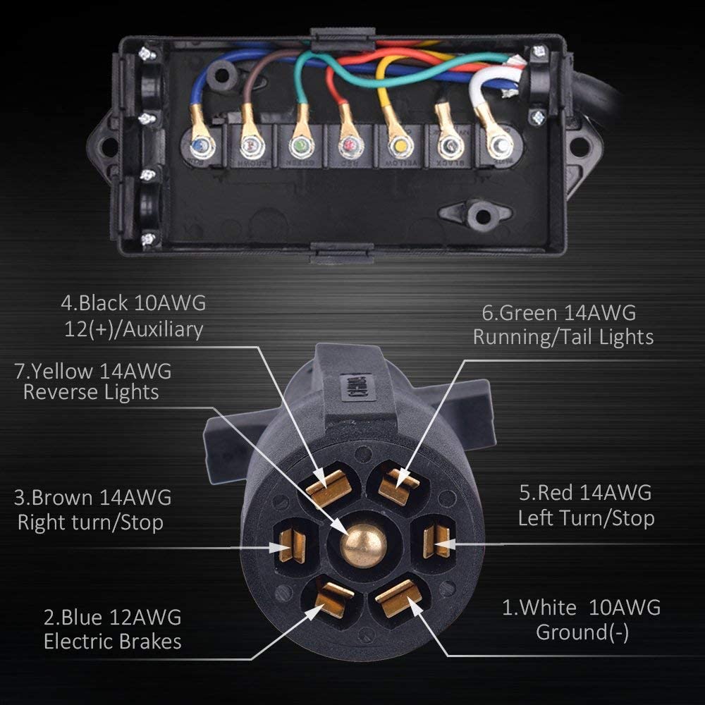 Heavy Duty 7 Way Plug Inline Trailer Cord with 7 Gang Junction Box - 8 Feet, Weatherproof