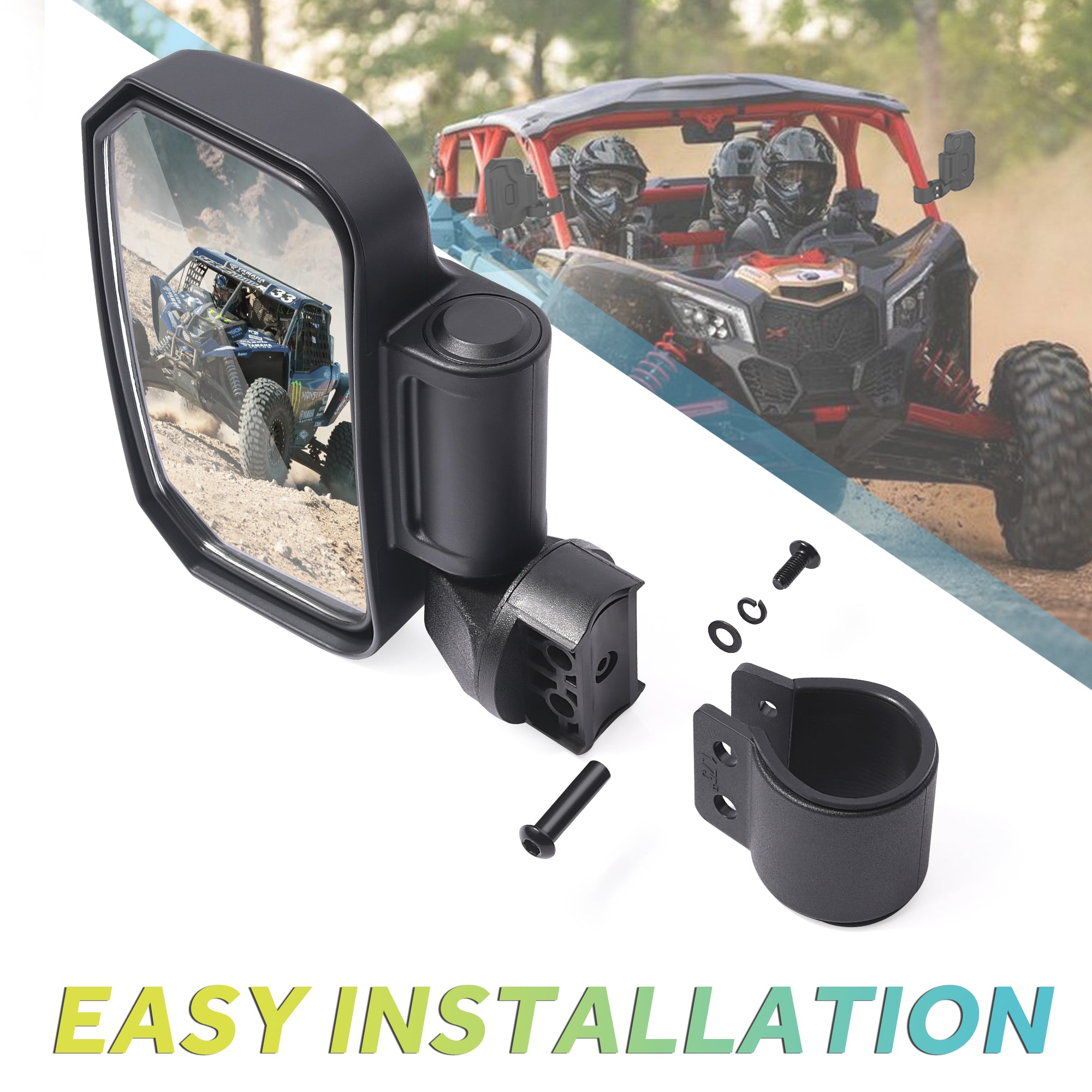 UTV Side Mirror 1.75 Inch or 2 Inch Mounts, Break-away Adjustable Rear View Convex Mirror Shock-proof Rubber Pad