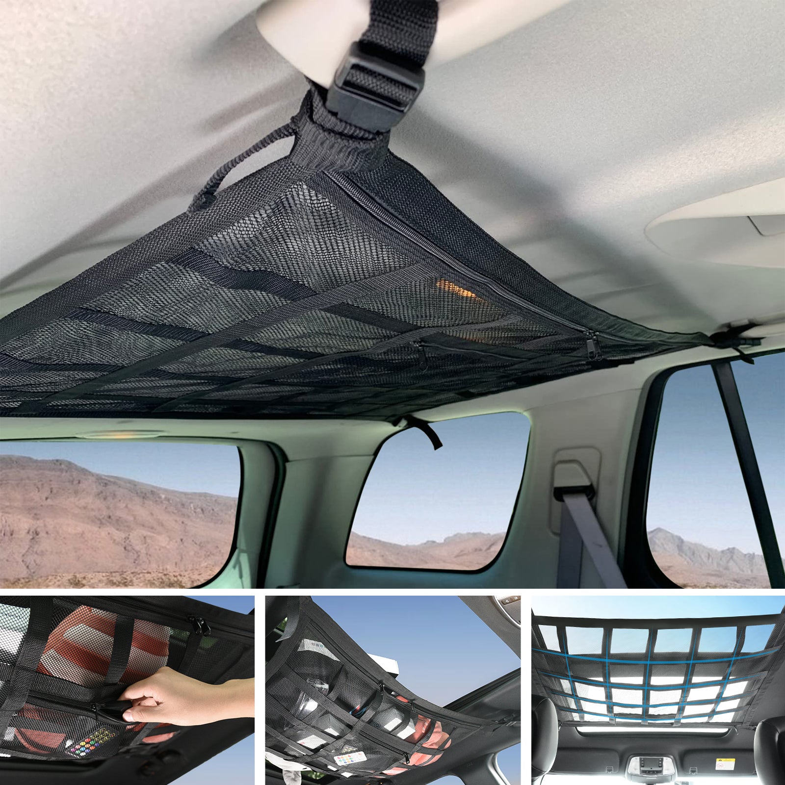 Car Ceiling Cargo Net, 31.5"x21.6" Strong Bearing Capacity Roof Cargo Net, Droopless Double-Layer Mesh Car Roof Storage Organizer