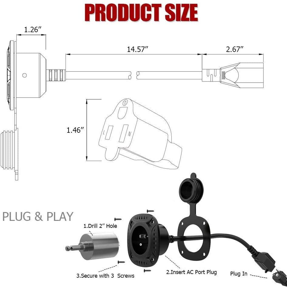 13Amp 125V AC Port Plug with 16" Integrated Heavy Duty Extension Cord and Water-resistant Cap - Black