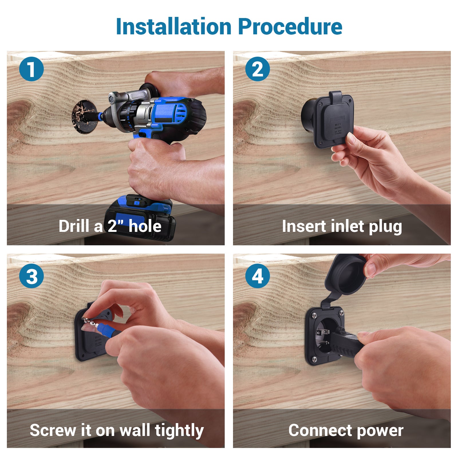 15 Amp 125V Flanged Inlet, NEMA 5-15P 2 Pole 3-Wire AC Port Plug, RV Shore Power Inlet Plug w/ Waterproof Cover