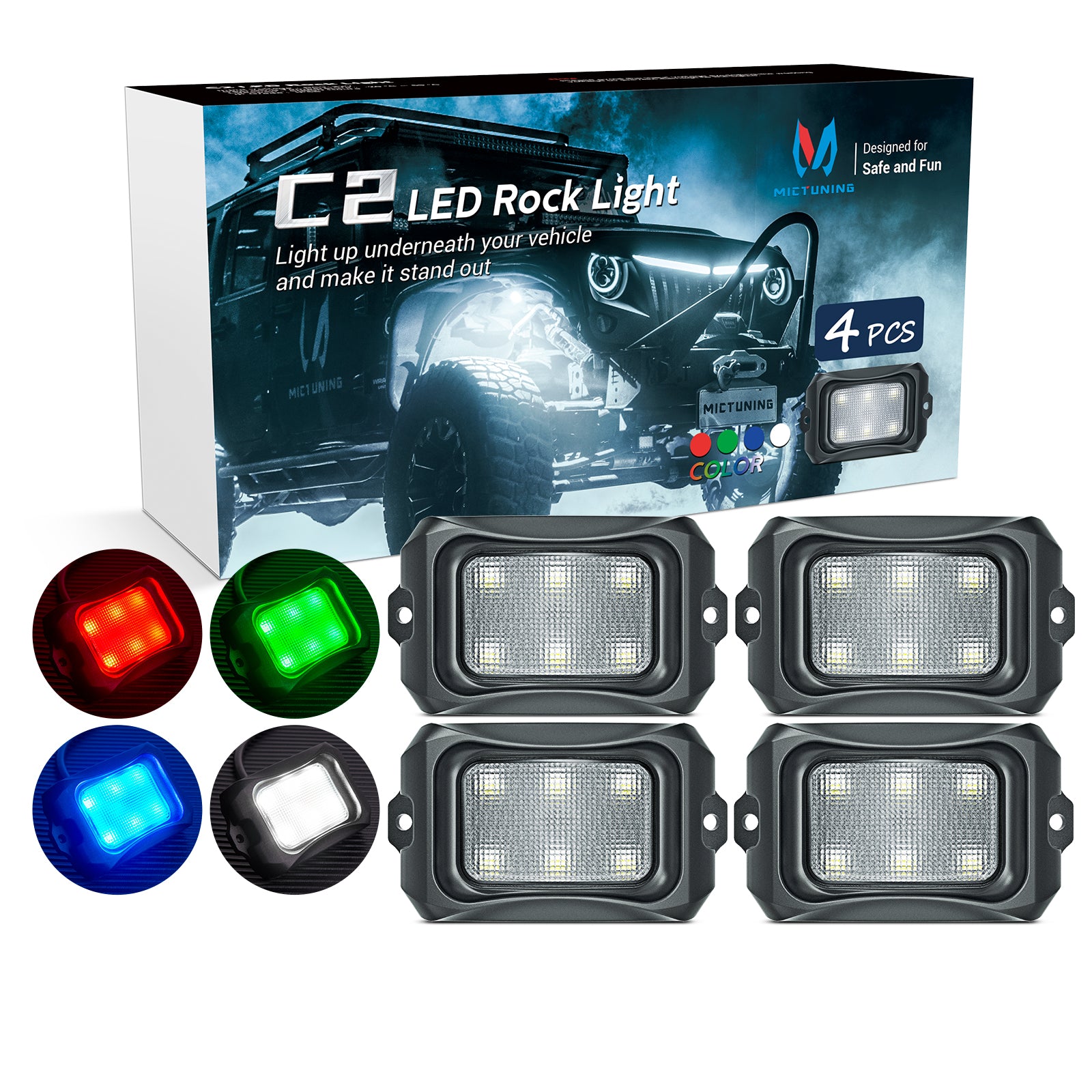 C2 Curved LED Rock Light Pure Sigle Color 4 Pods, White/Blue/Red/Green