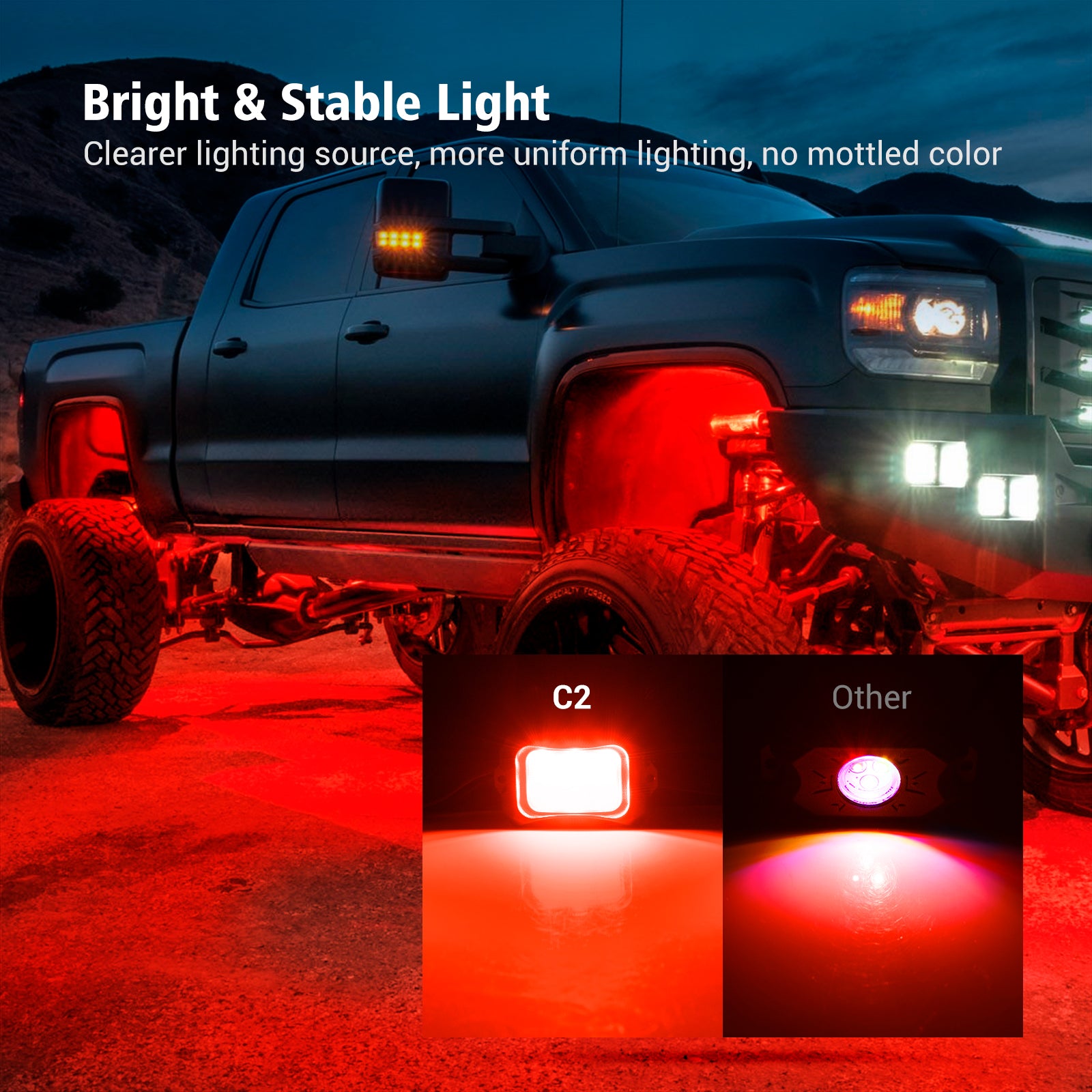 C2 Red LED Rock Lights, 4 Pods Neon Underglow Light Kits IP 68 Underbody Glow Lamp