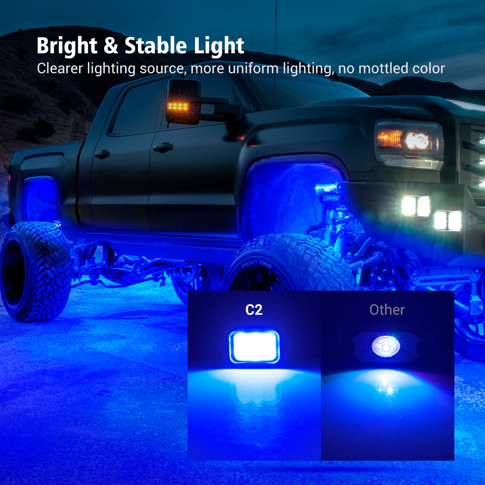 C2 Blue LED Rock Lights, 4 Pods Neon Underglow Light Kits Waterproof Underbody Glow Lamp