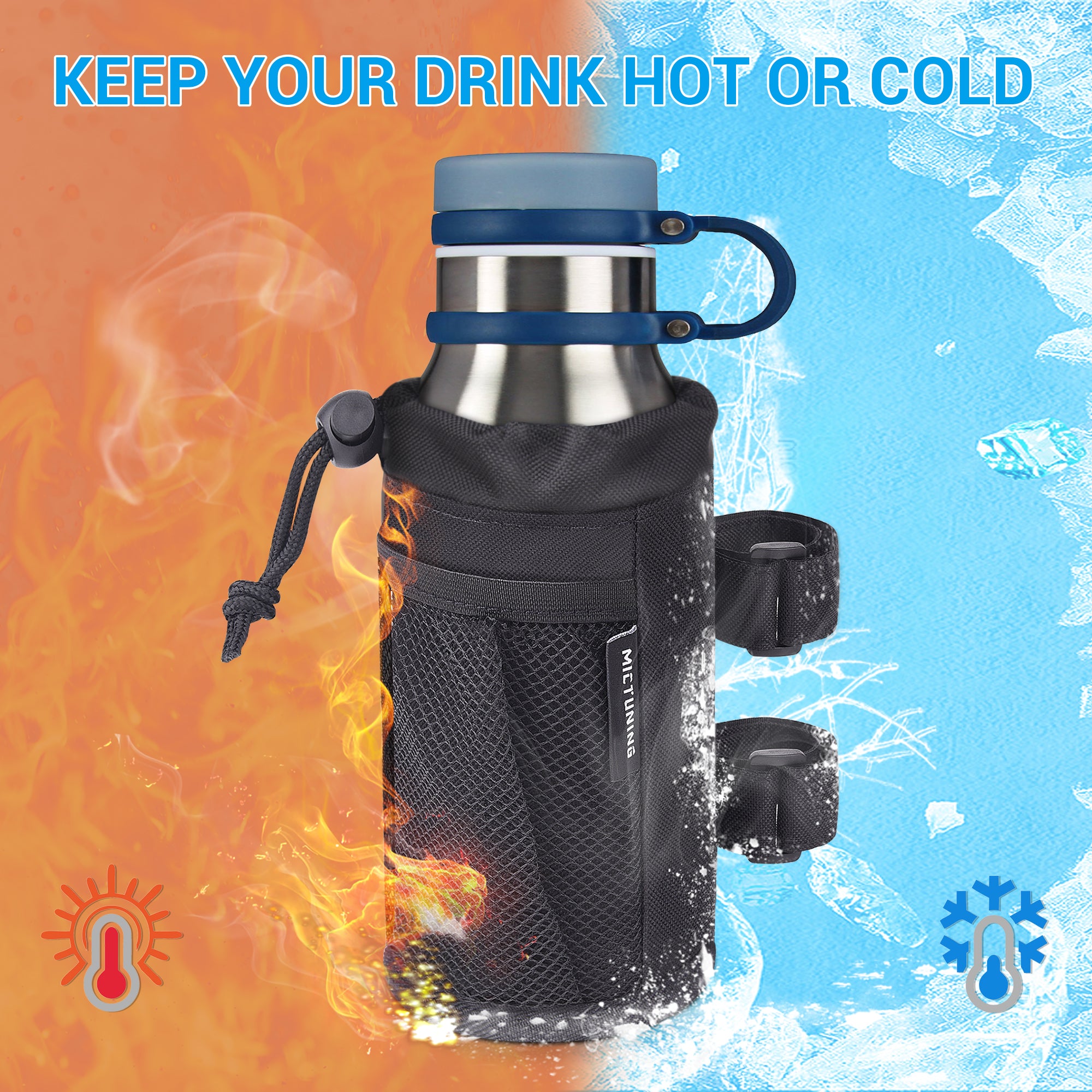 UTV Roll Bar Cup Holder, Bottle Holder with Thermal Insulation Layer, Mesh Pocket and Adjustable Straps