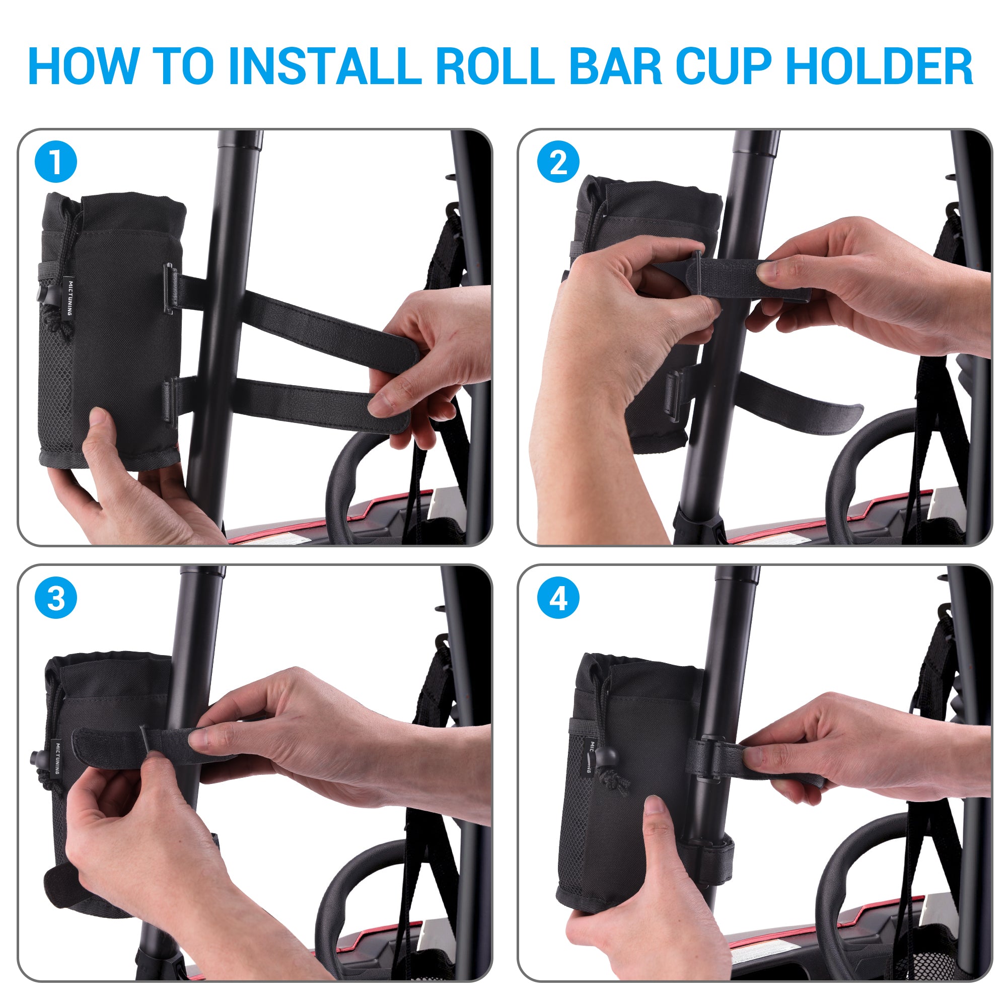 UTV Roll Bar Cup Holder, Bottle Holder with Thermal Insulation Layer, Mesh Pocket and Adjustable Straps