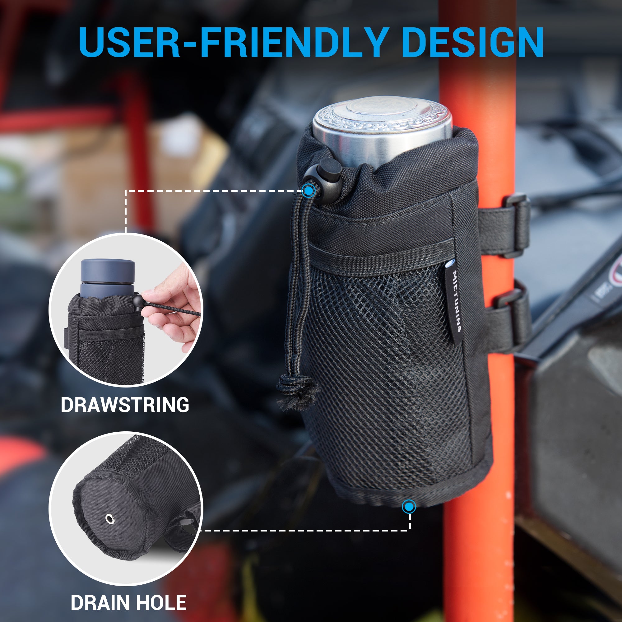 UTV Roll Bar Cup Holder, Bottle Holder with Thermal Insulation Layer, Mesh Pocket and Adjustable Straps