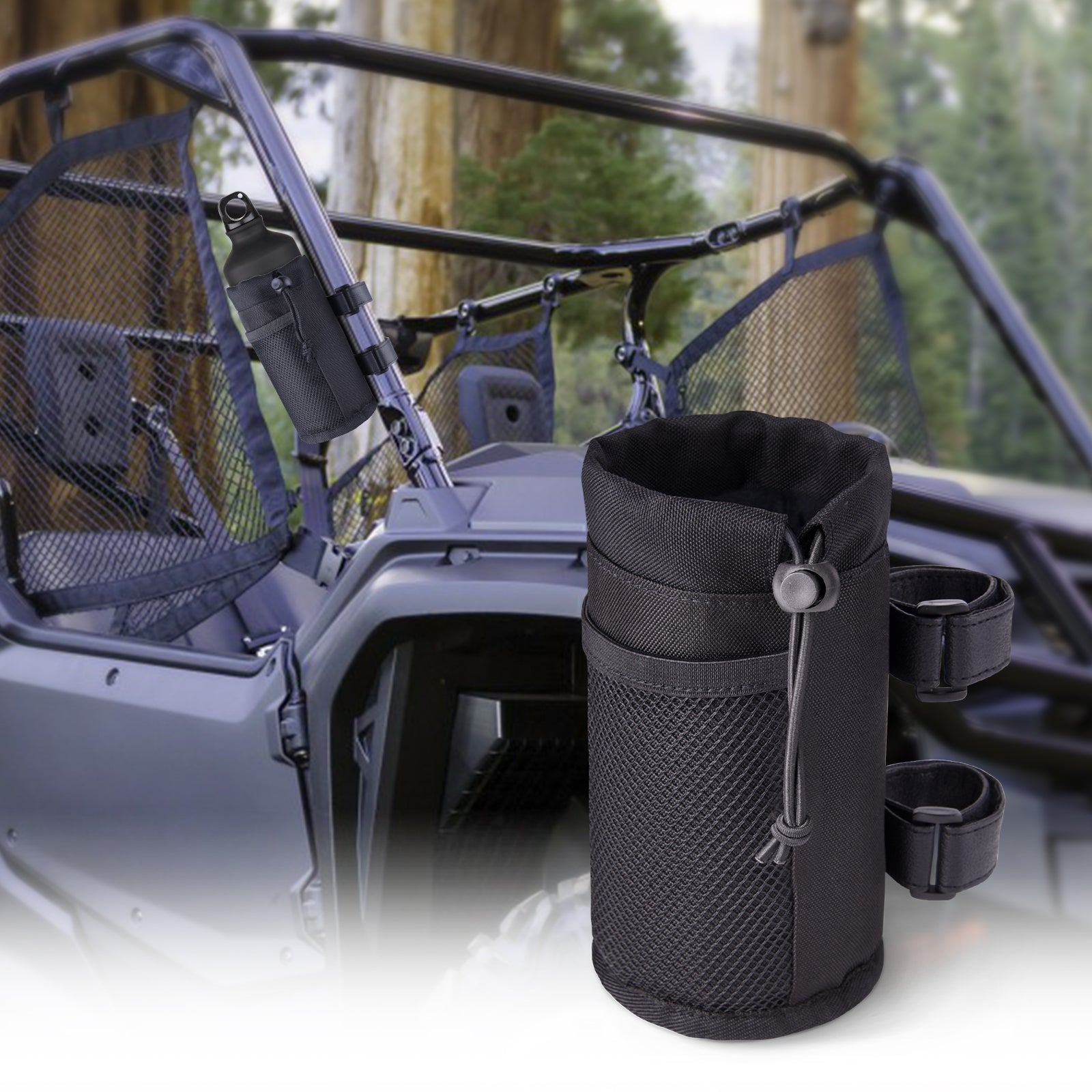 MICTUNING UTV Roll Bar Cup Holder with Net Pocket and Drawstring Closure