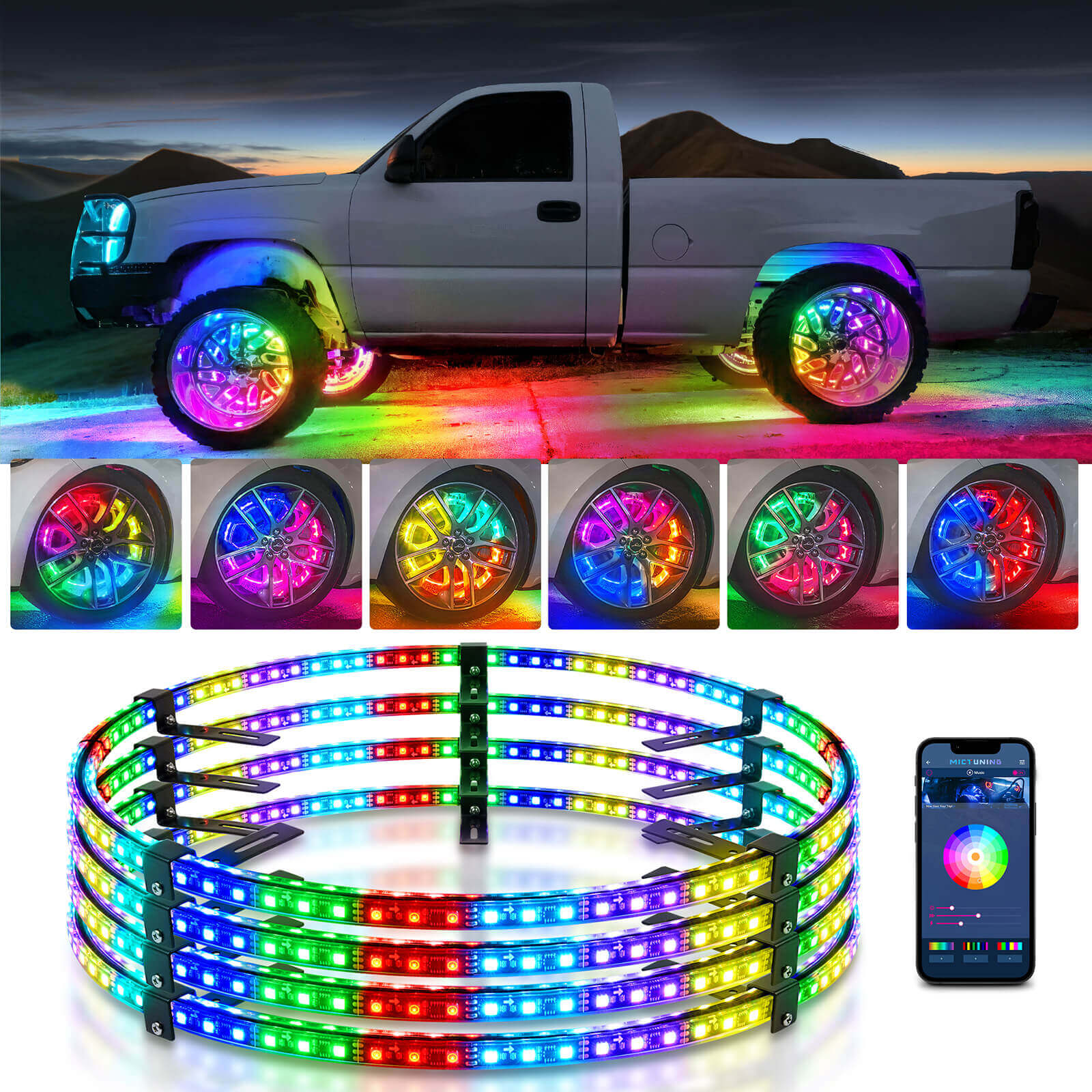 15.5″/17″ V1 RGB+IC Chasing Color Wheel Ring Lights Kit with APP Control, Double-Row Neon Wheel Rim Lights