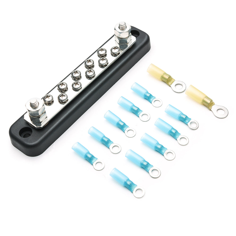 10 Terminal Bus Bar Kit - 600V Bus Bar Ground Distribution Block w/ 10 Screws + 2 Studs + 12 Heat Shrink Rings Terminals