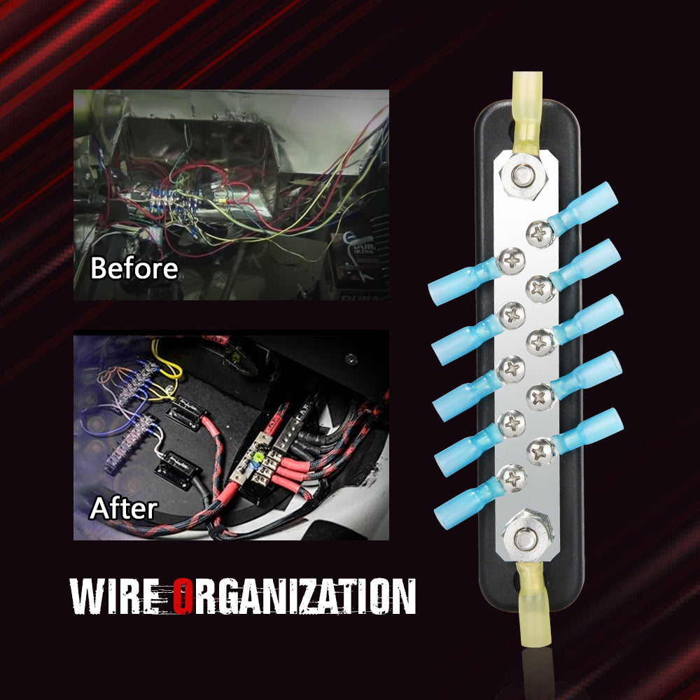 10 Terminal Bus Bar Kit - 600V Bus Bar Ground Distribution Block w/ 10 Screws + 2 Studs + 12 Heat Shrink Rings Terminals