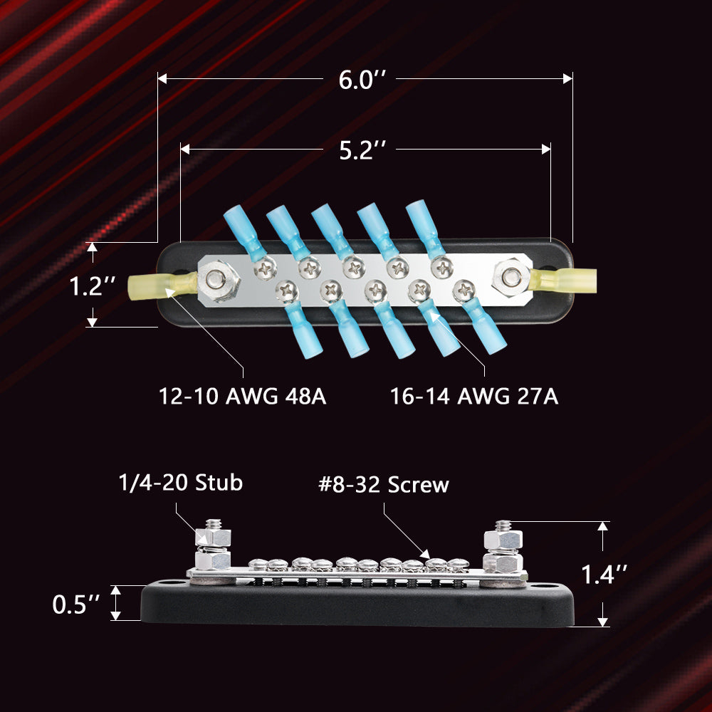 10 Terminal Bus Bar Kit - 600V Bus Bar Ground Distribution Block w/ 10 Screws + 2 Studs + 12 Heat Shrink Rings Terminals