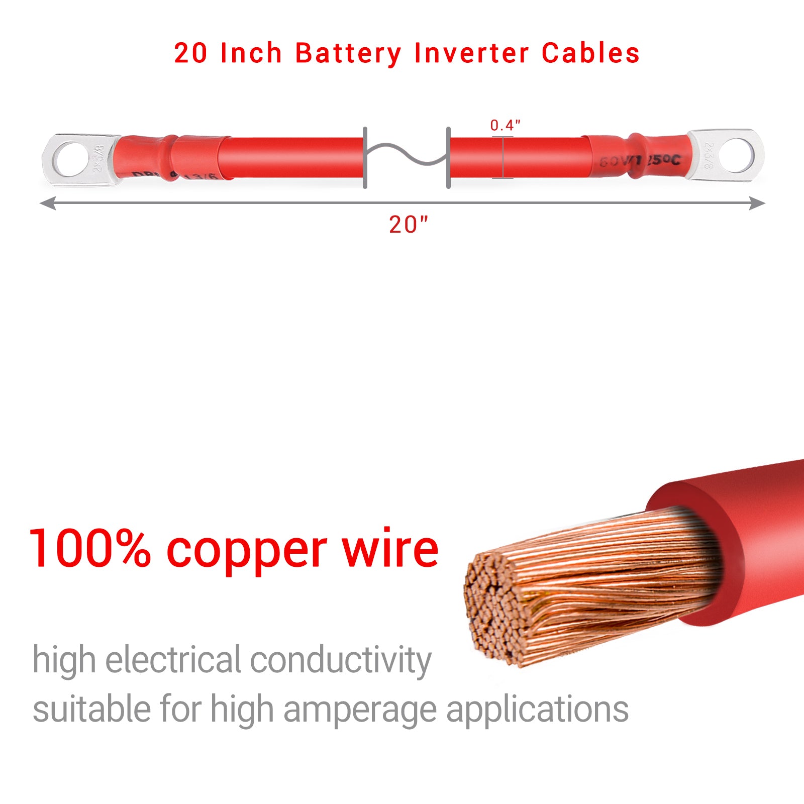 20 Inch 2 AWG Gauge Pure Copper Battery Cable Power Inverter Wire, 3/8" Lugs for Solar RV Car Truck Marine Boat Battery Banks