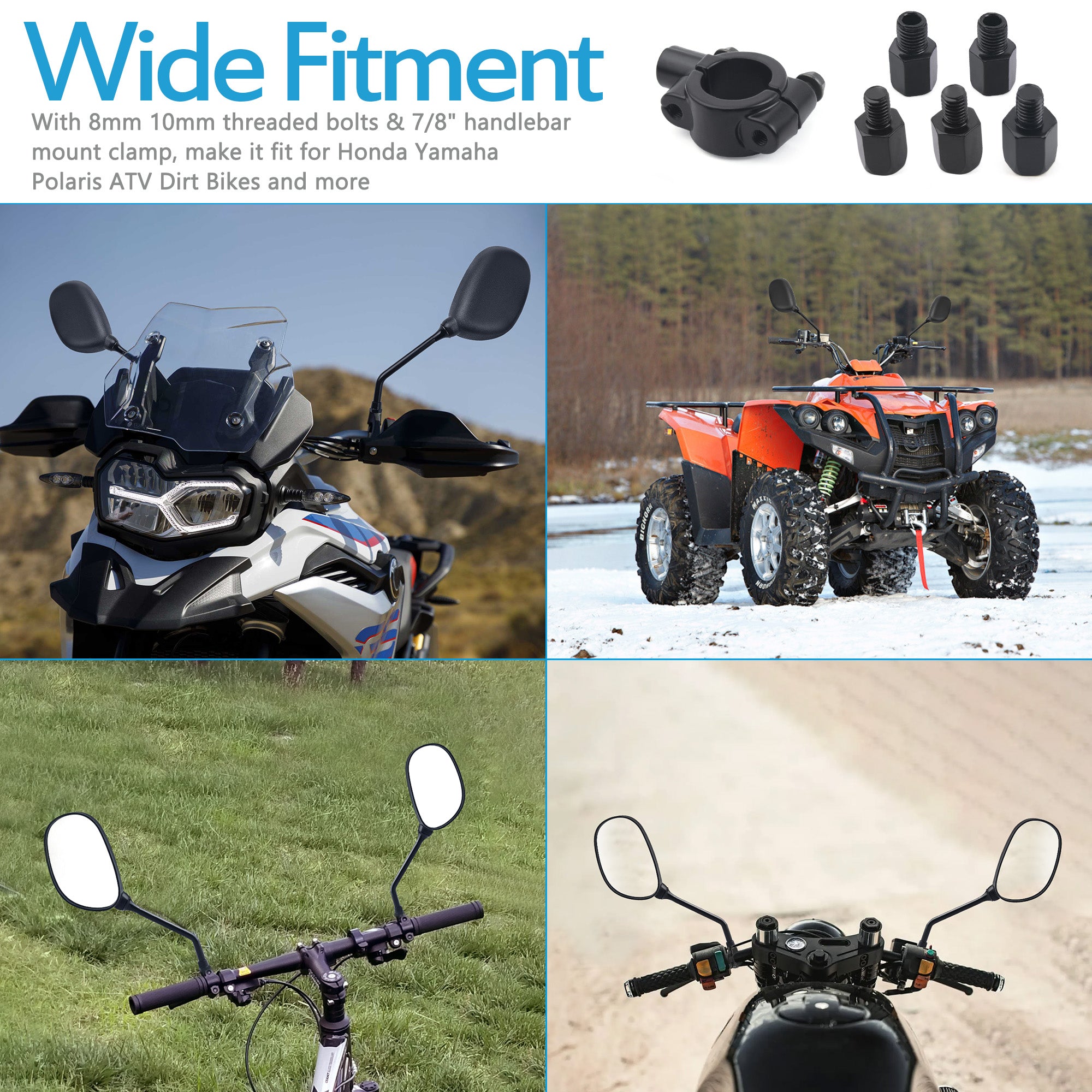 ATV Side Rear View Mirrors - 360 Degrees Ball-Type Adjustment with Threaded Bolt, 7/8" Handle Bar Mount Clamp