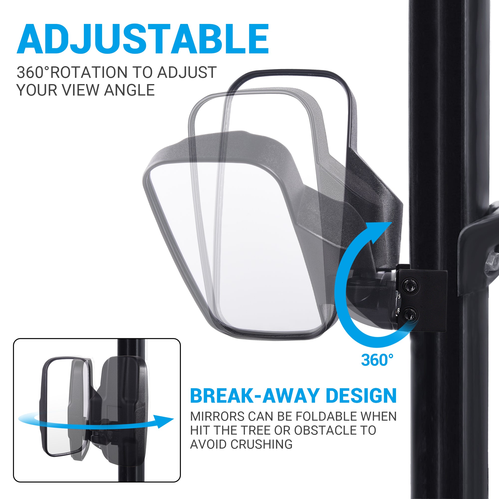 UTV Side Mirrors - Adjustable Break-away Rear View Convex Mirror with Splash-proof Lens fits Polaris Ranger Can-Am Defender