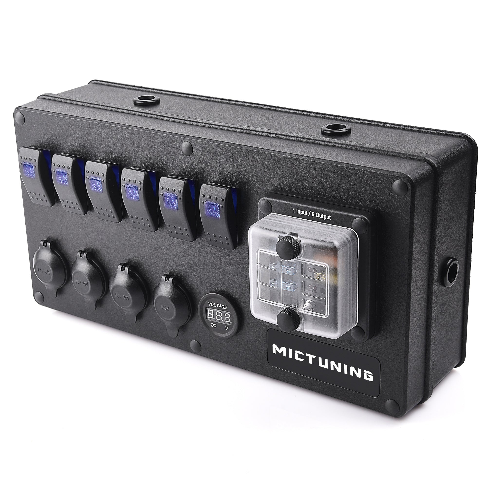 MICTUNING Power Control Box Panel with 6 Gang ON-Off Toggle Rocker Switch Digital Voltmeter Dual USB Charger Cigarette Lighter Socket Fuse Block