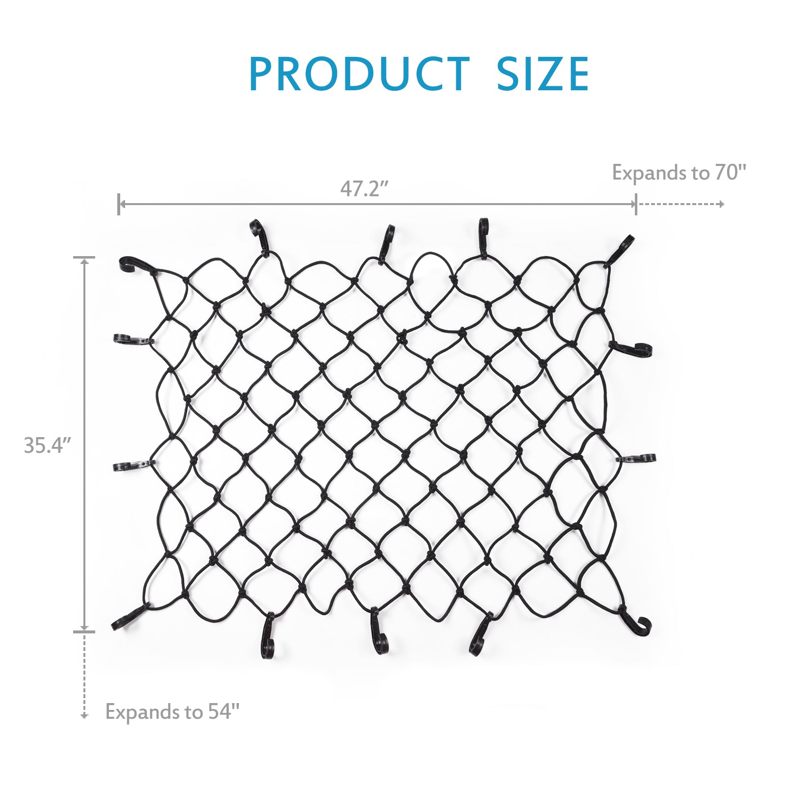 Mesh Cargo Nets 47" x 36", 6mm Heavy Duty Bungee Cord Net Stretches to 70" x 54" with 14pcs ABS Hooks 4pcs D Shape