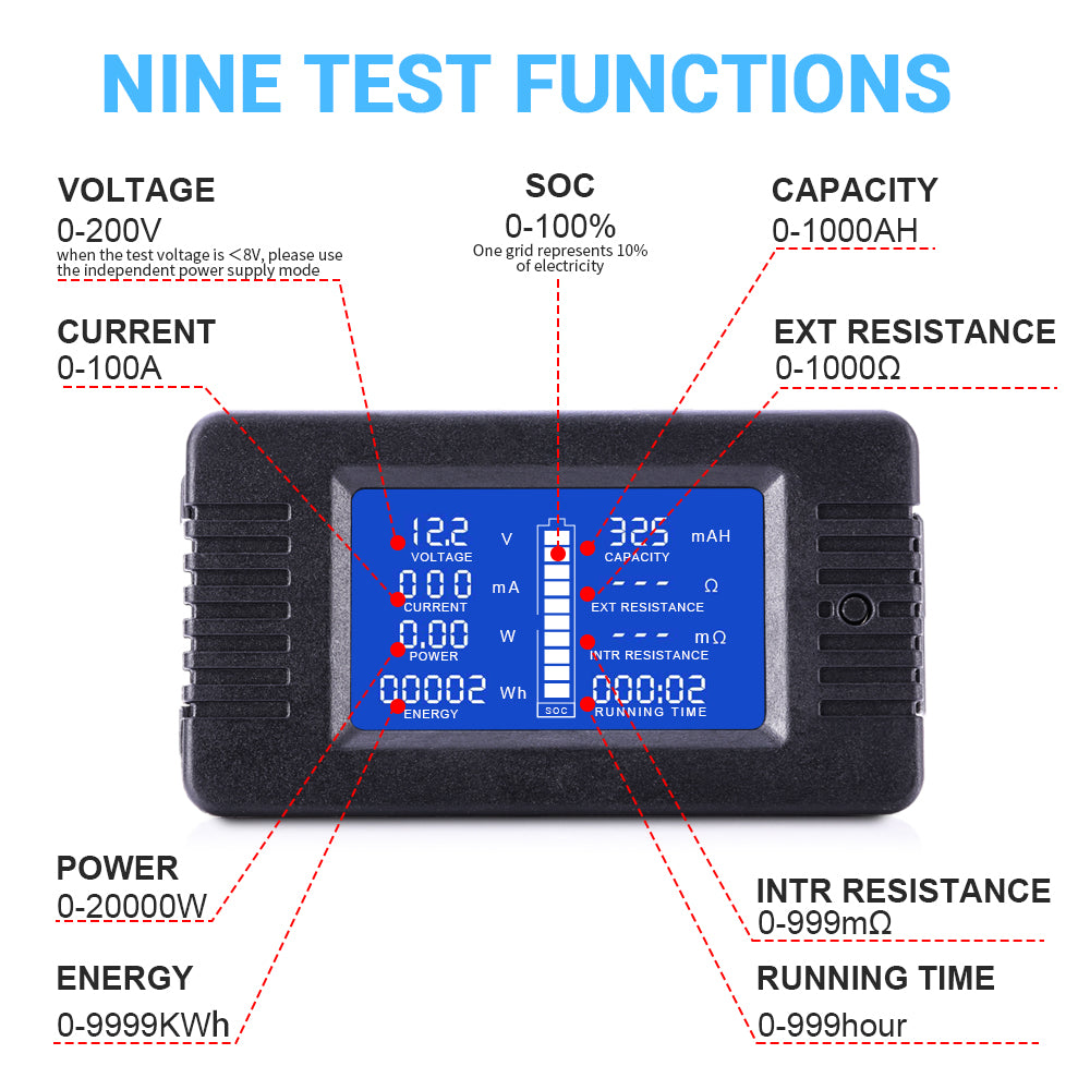 LCD Display DC Battery Monitor Meter 0-200V Voltmeter Ammeter for Cars RV Solar System