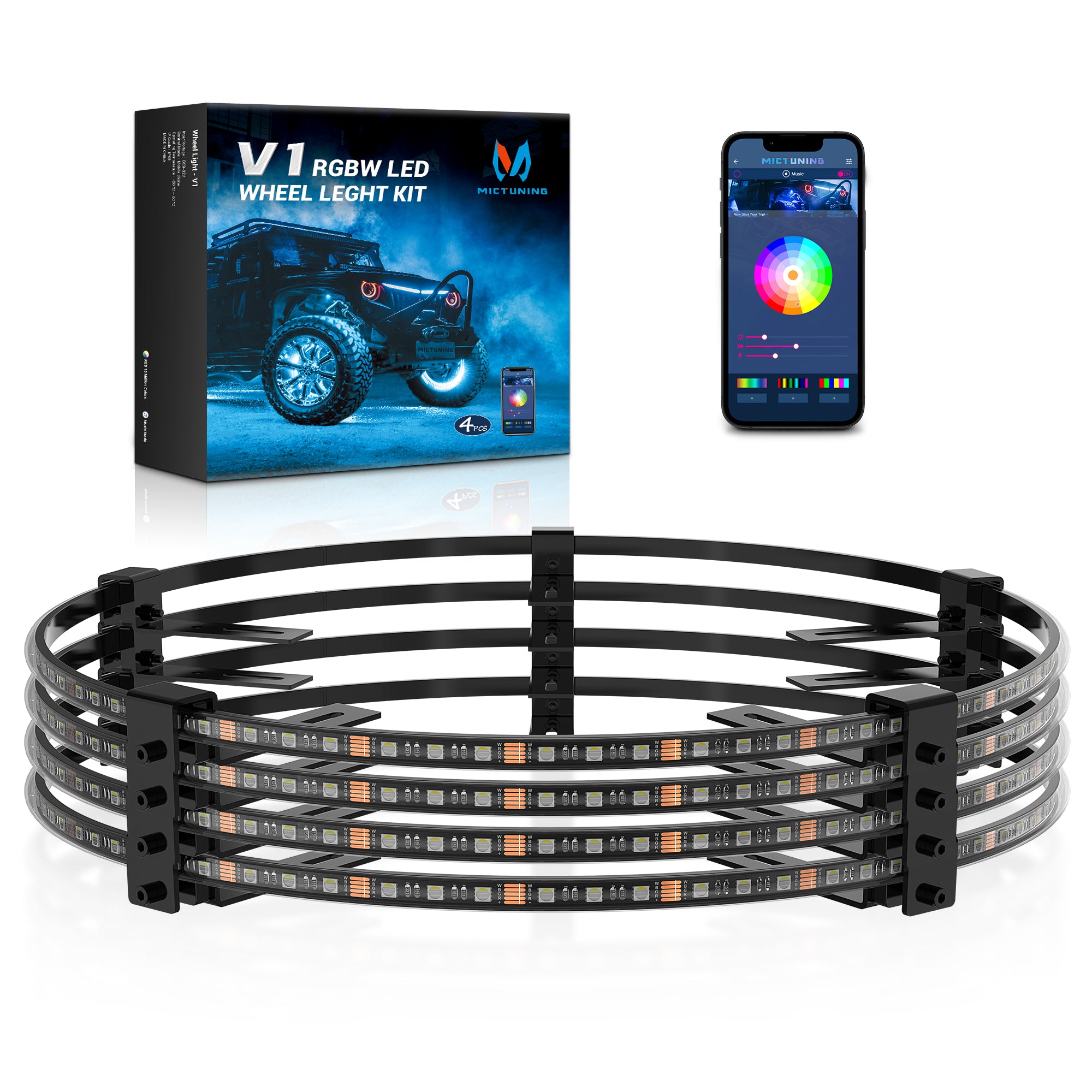 15.5″/17.5″ V1 RGBW LED Wheel Ring Lights Kit with APP Control, Pure Colors Neon Wheel Rim Lights