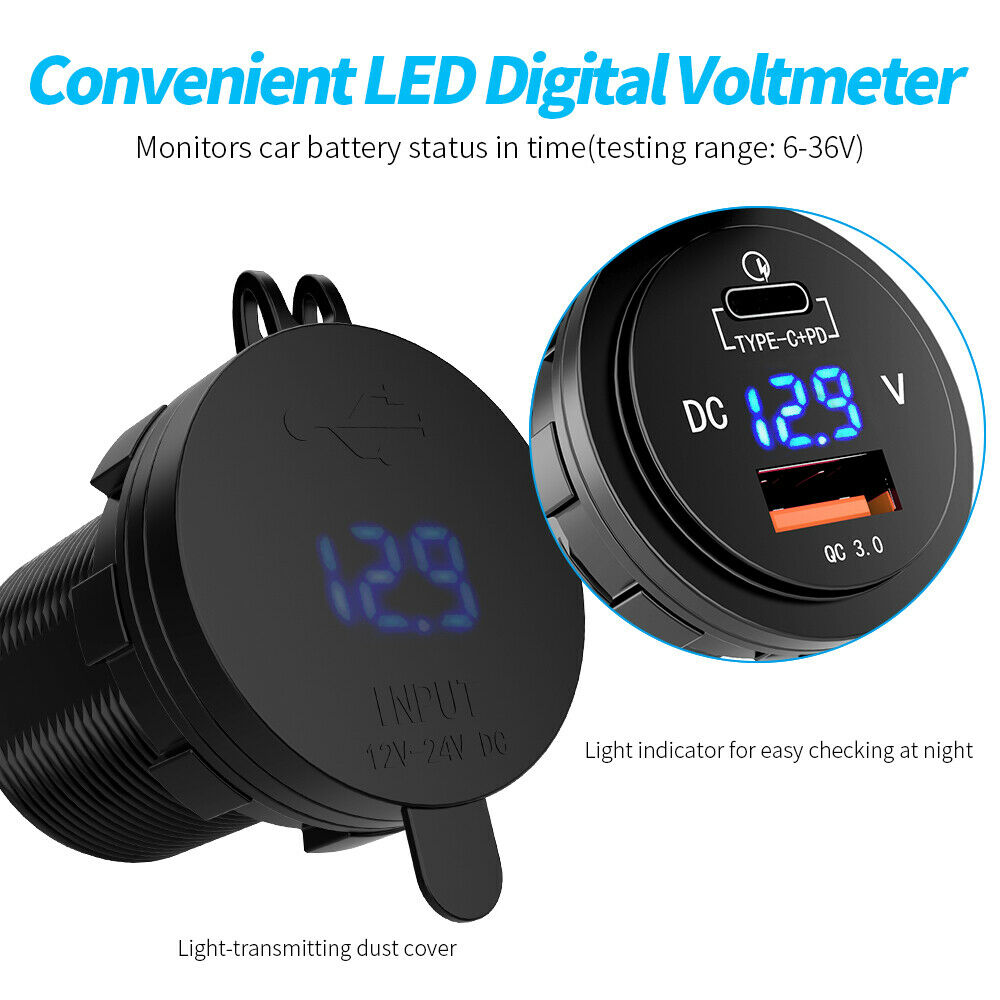 Fast PD Type C USB Car Charger LED Digital Voltmeter Power Adapter Plug