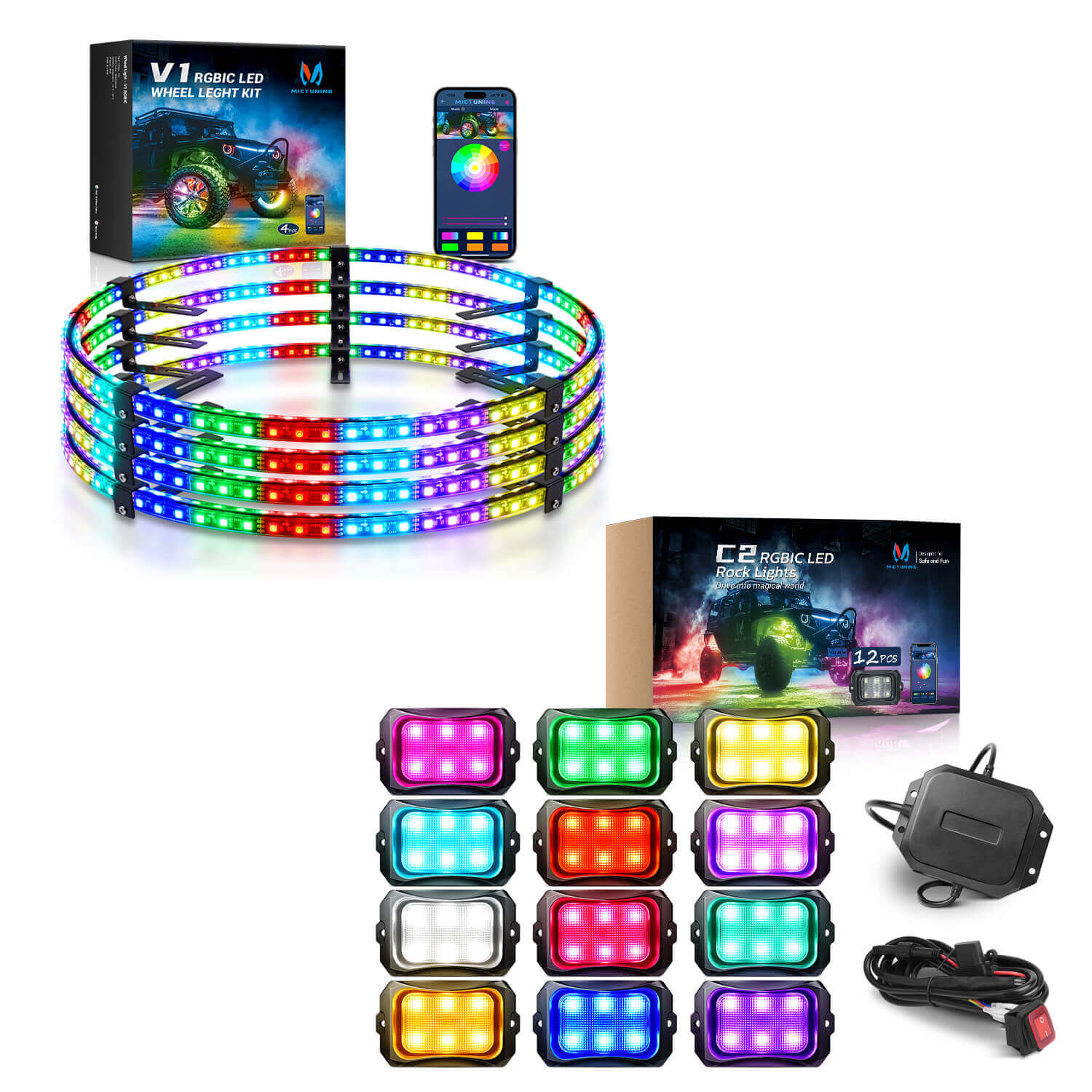 C2 RGB+IC LED Rock Lights Kit Bundle with 15.5″/17″ V1 RGB+IC Wheel Ring Lights Kit