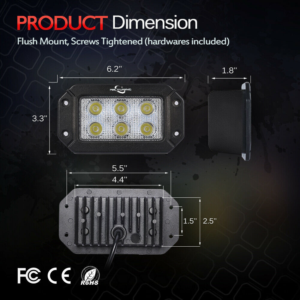 MICTUNING Pair 18W LED Light Bar Flush Mount Flood Work FOG Driving Lamp OffRoad