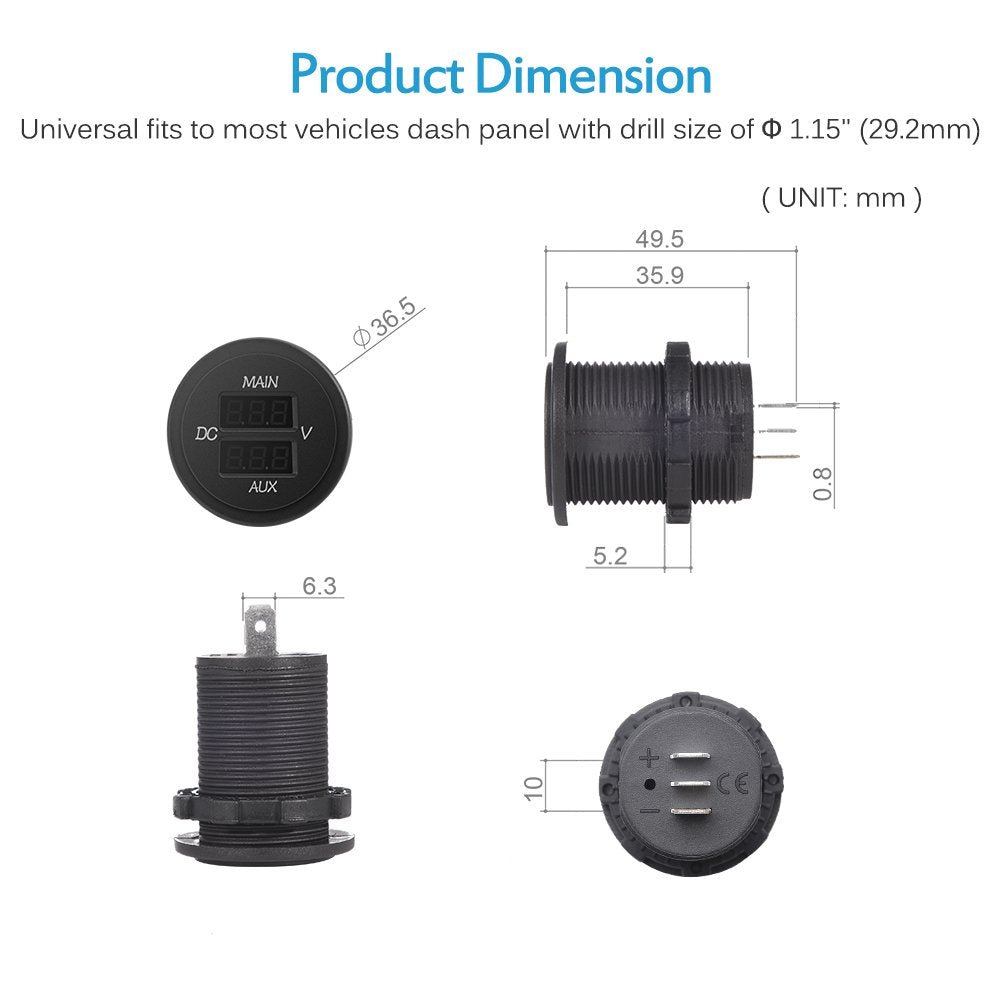 10-60V LED Digital Round Double Voltmeter Panel Voltage Monitor Dual Battery Pack - Blue