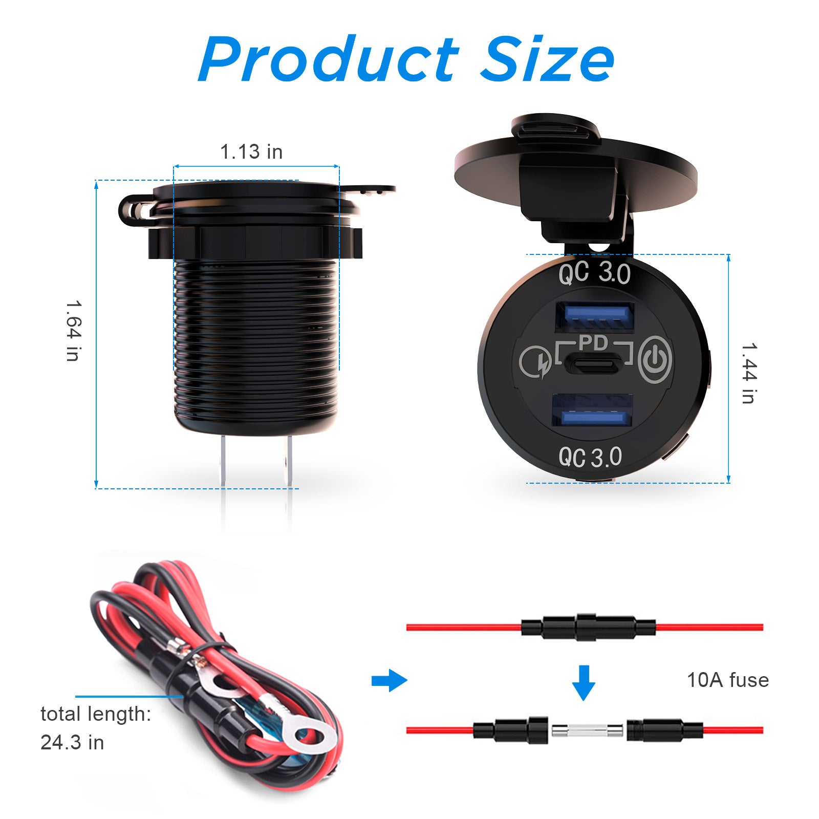 12V/24V USB C Car Charger Socket, Multiple USB Outlet 30W PD USB-C & Two QC3.0 Ports with Touch Switch Aluminum Metal